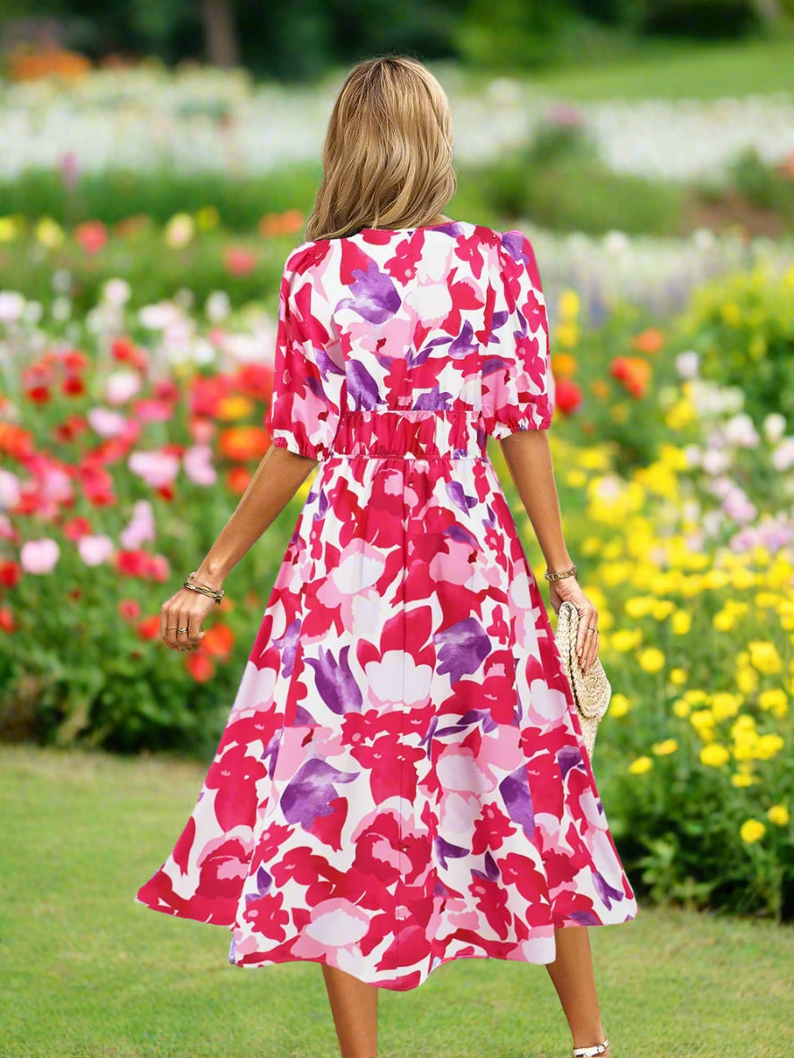 Ruched Roses Surplice Short Sleeve Dress Trendsi