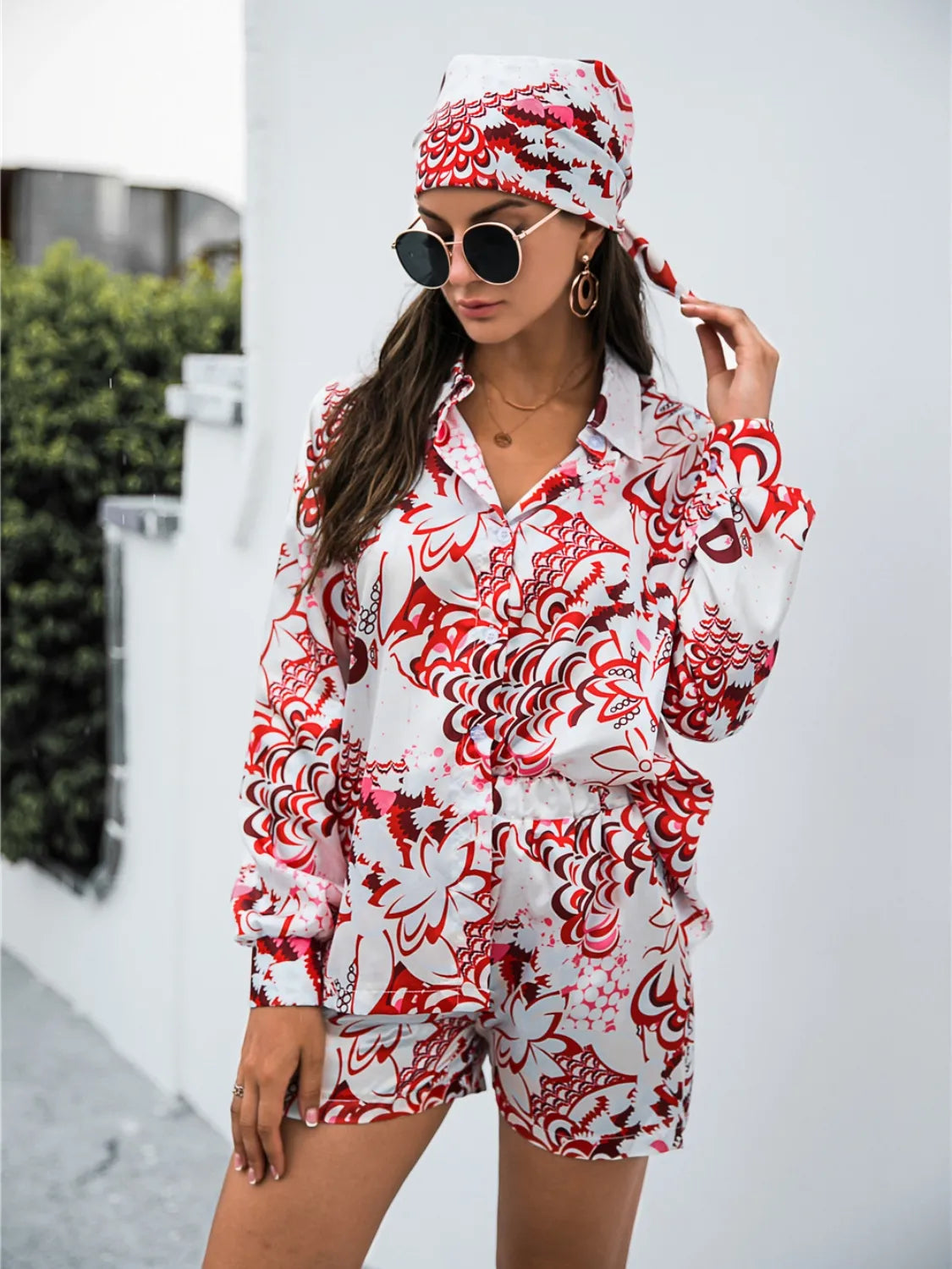 Printed Button Up Long Sleeve Shirt and Shorts 3 Pc Set Trendsi