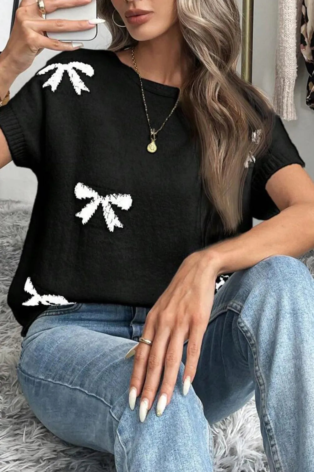 Bow Pattern Knit Short Sleeve Sweater DAME BOHEME