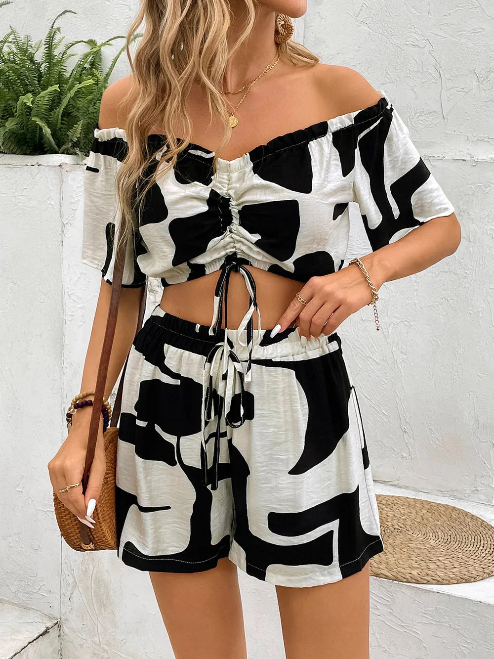 Perfee Drawstring Off-Shoulder Crop Top and Shorts Set Trendsi