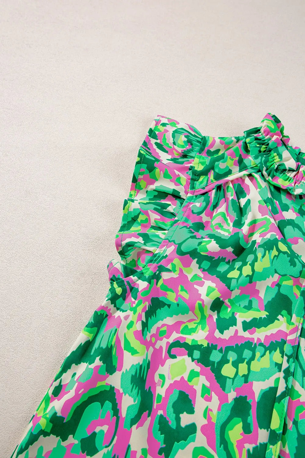 Abstract Print Ruffled Trim Tie Neck Top Simply Love