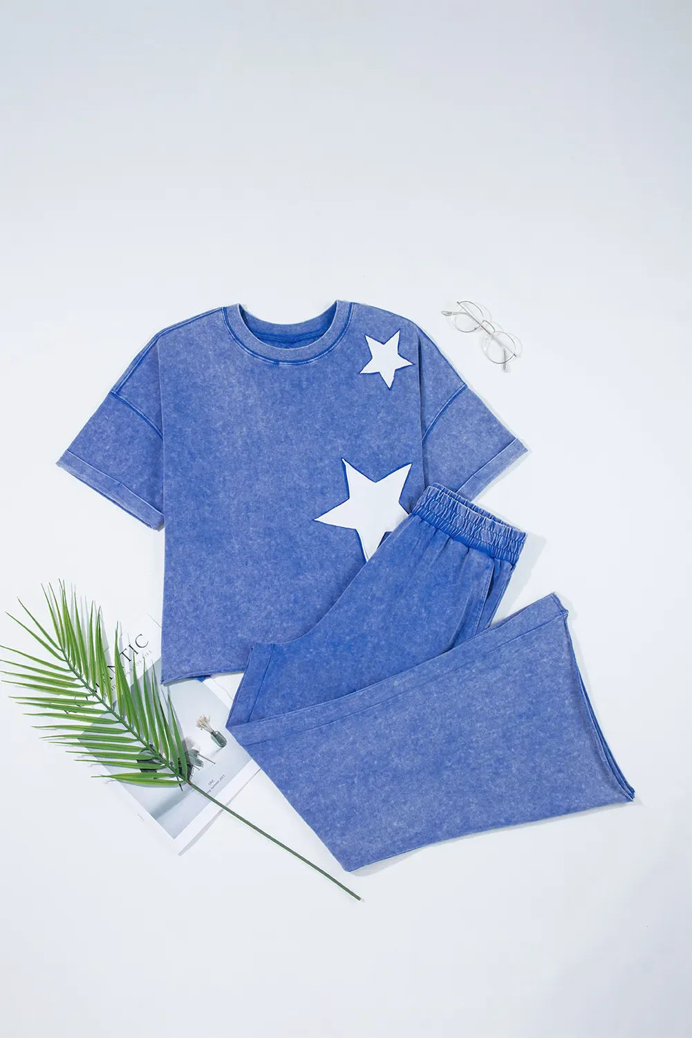 Acid Wash Star Patched Rolled Trim Top and Pants Set DAME BOHEME