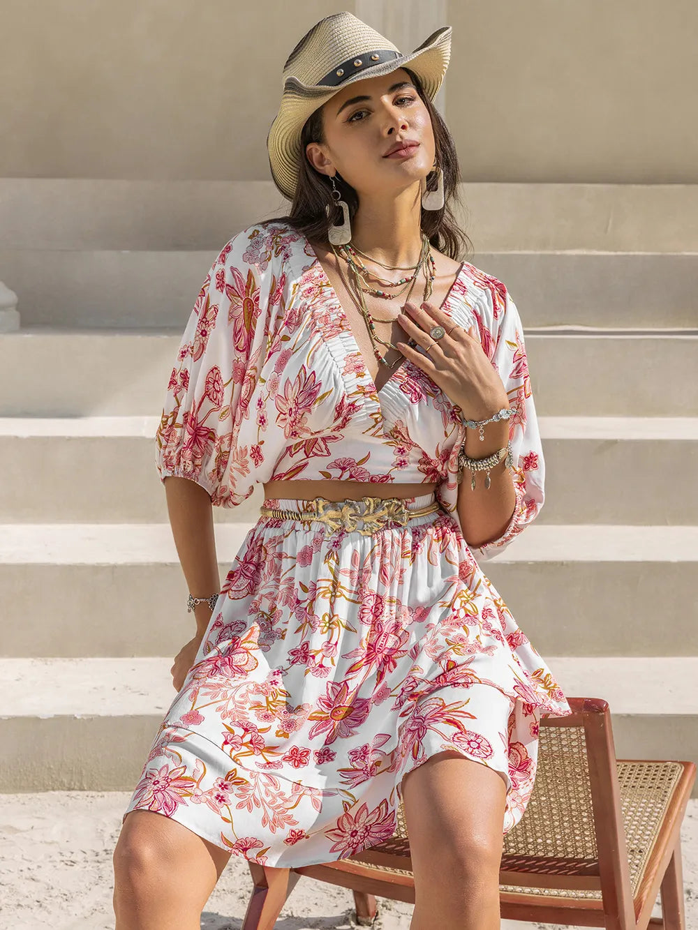 Printed Half Sleeve Top and Layered Skirt Set Trendsi