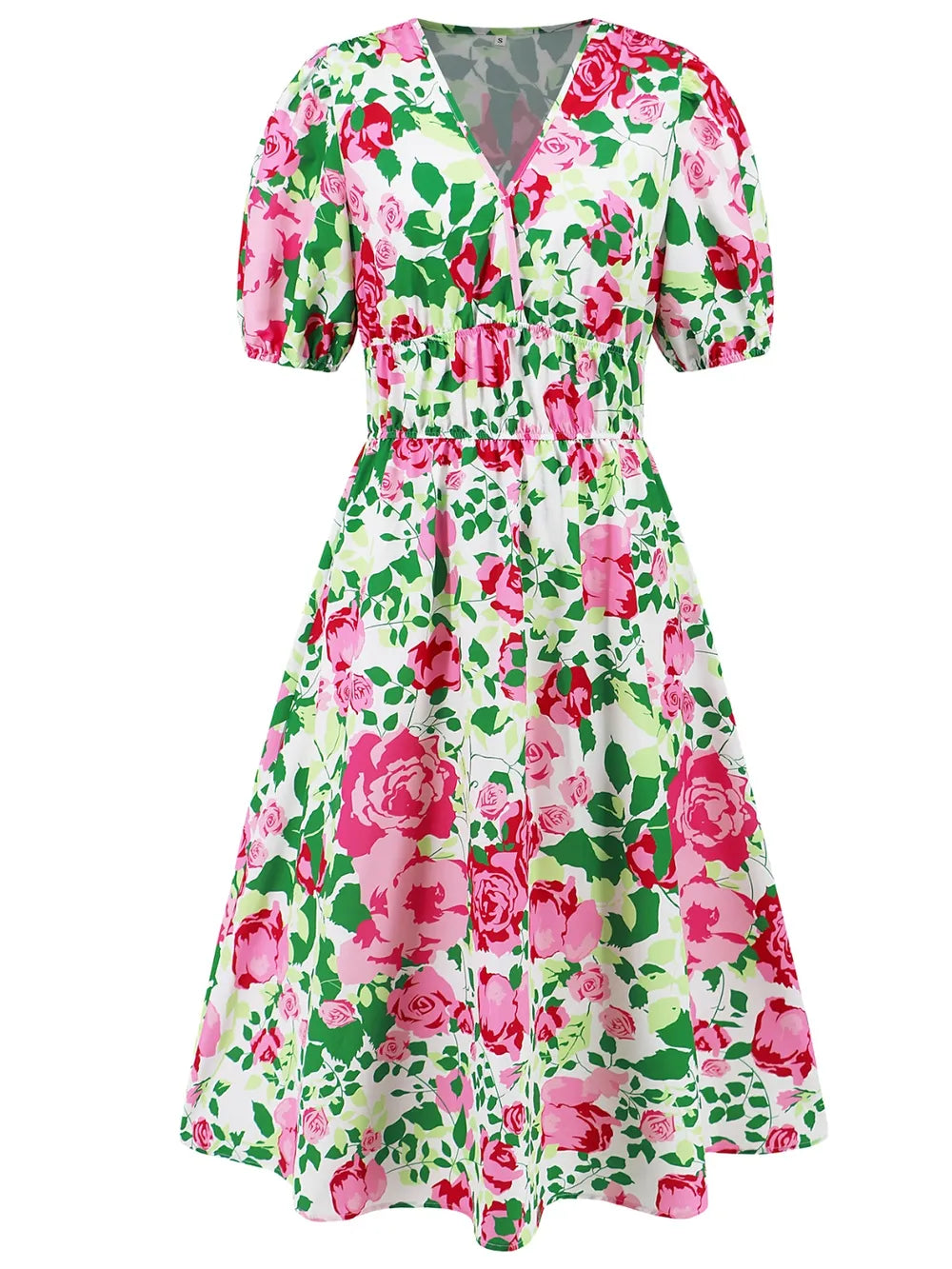 Ruched Roses Surplice Short Sleeve Dress Trendsi