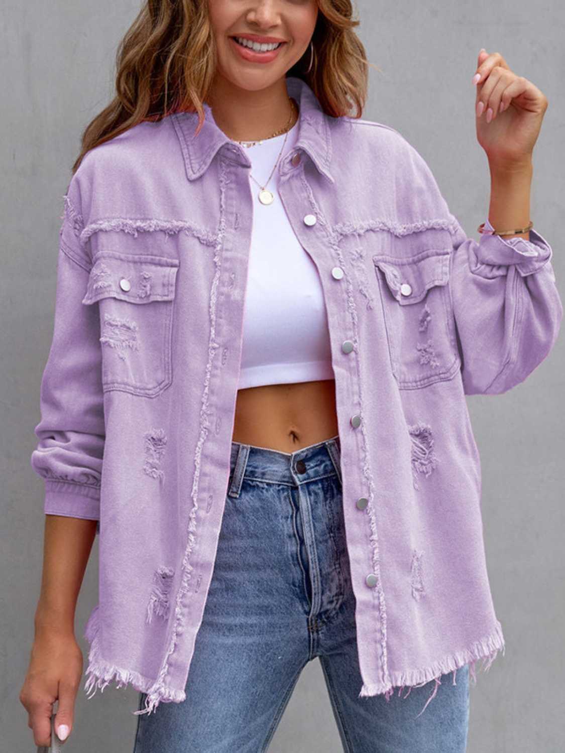Distressed Drop Shoulder Denim Jacket Plus Size Trendsi