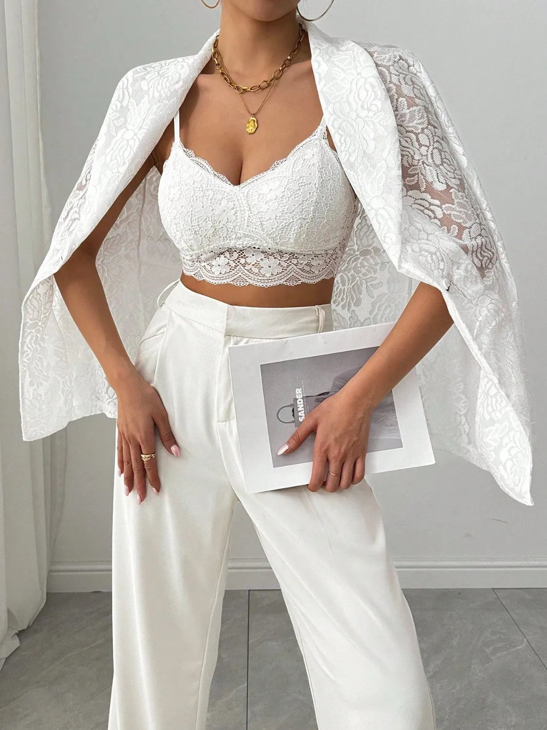 Sheer White Lace Lapel Collar Long Sleeve Blazer Plus Size Trendsi