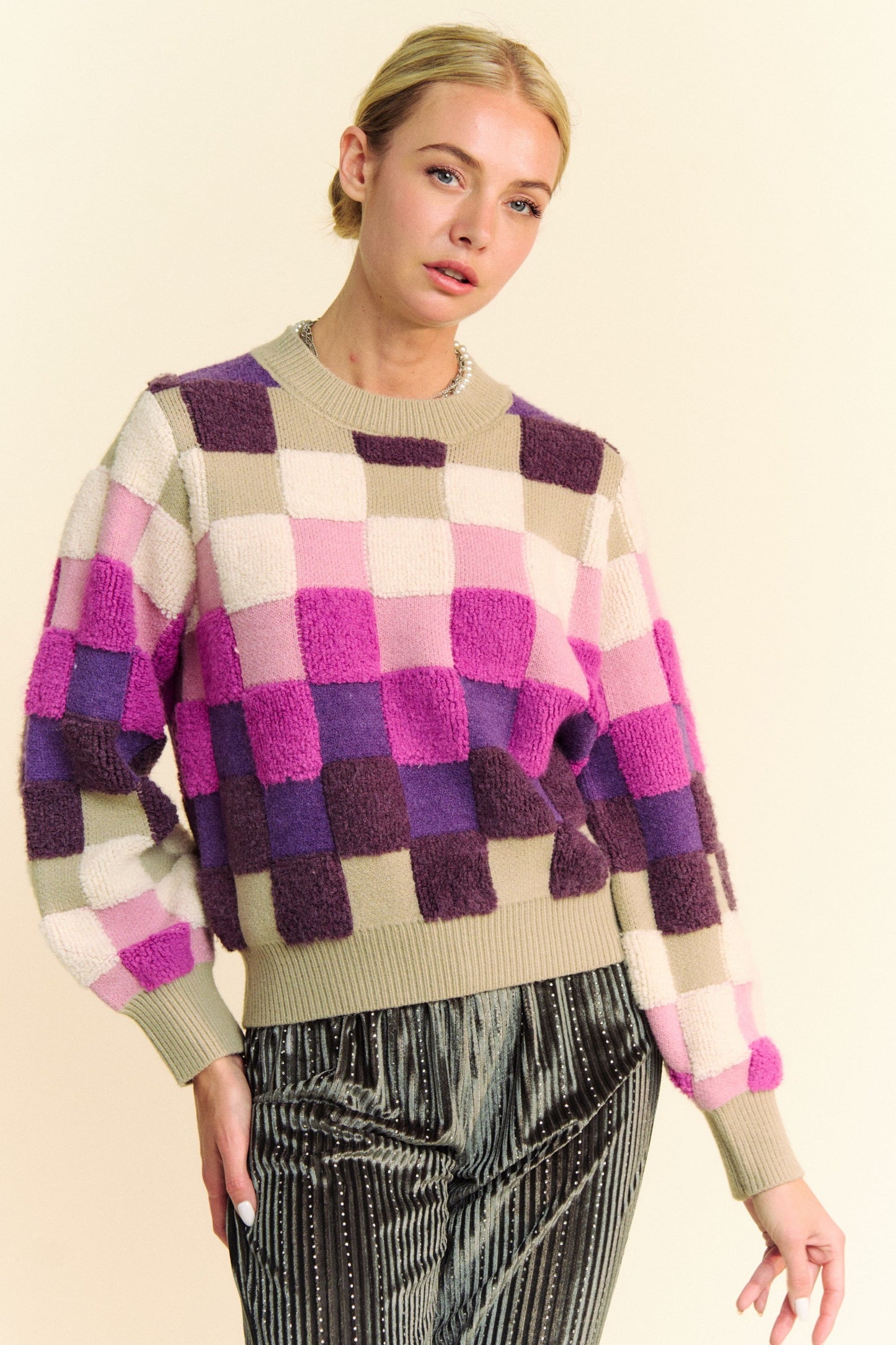 Davi & Dani Checkered Round Neck Long Sleeve Sweater Trendsi