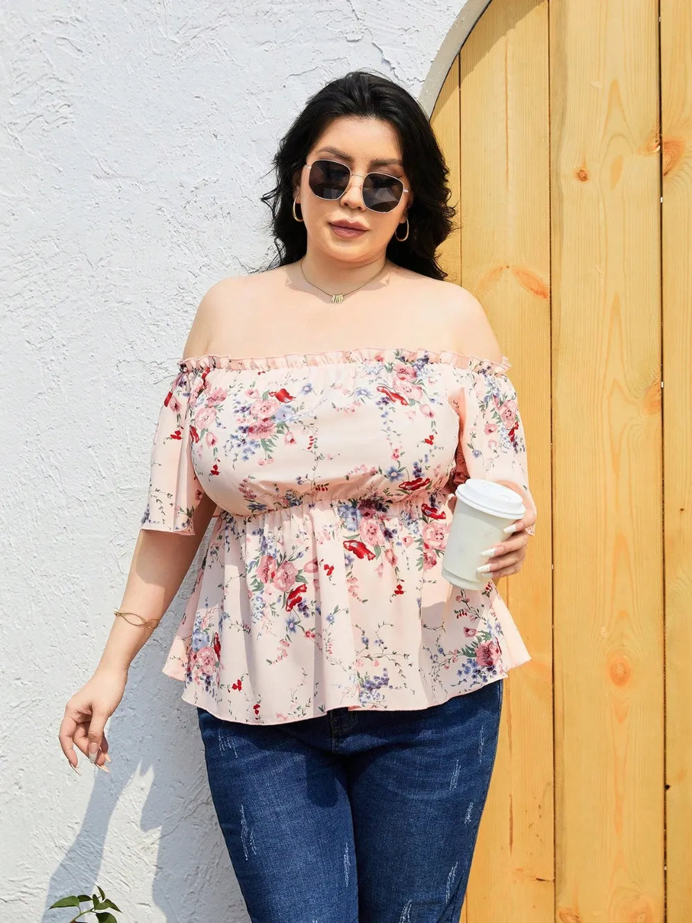 Plus Size Frill Floral Printed Flutter Sleeve Blouse Trendsi