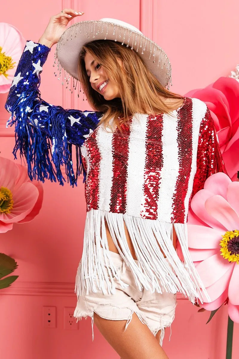 BiBi American Flag Theme Fringe Detailed Sequins Crop Top Trendsi