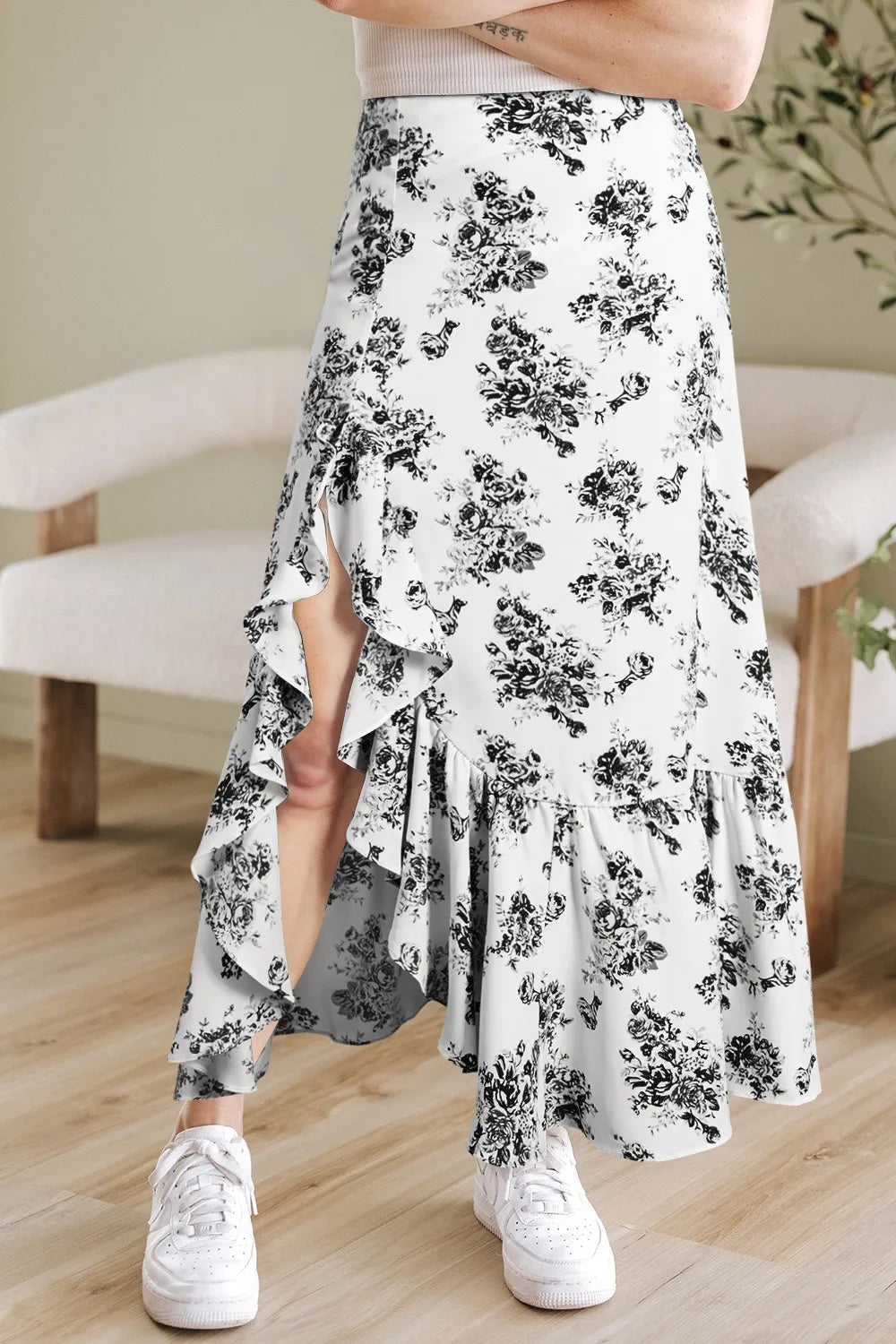 Boho Floral High Waist Ruffle Split Maxi Skirt Simply Love