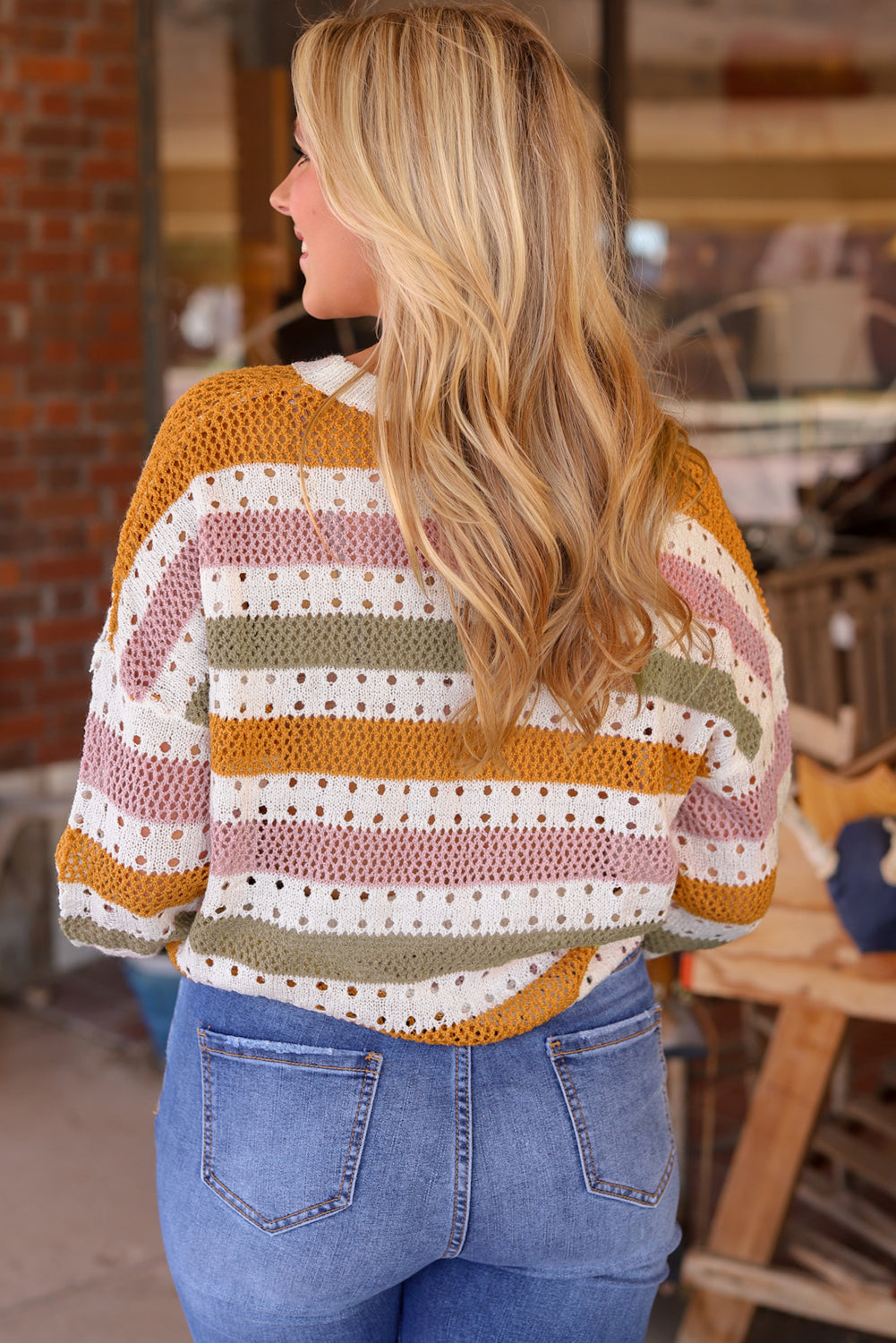 Caroline Striped Hollowed Knitted Loose Sweaterย DAME BOHEME
