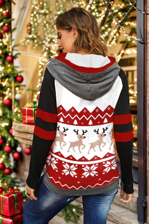 Double Take Full Size Christmas Drawstring Long Sleeve Hoodie DAME BOHEME