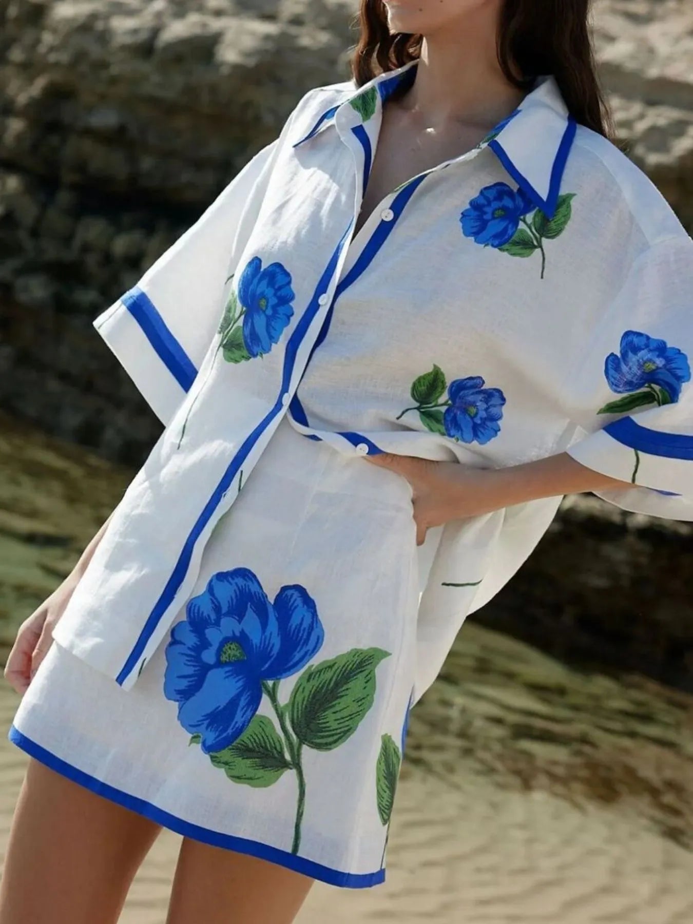 Floral Print Button-Up Shirt and Mini Skirt Set Plus Size Trendsi