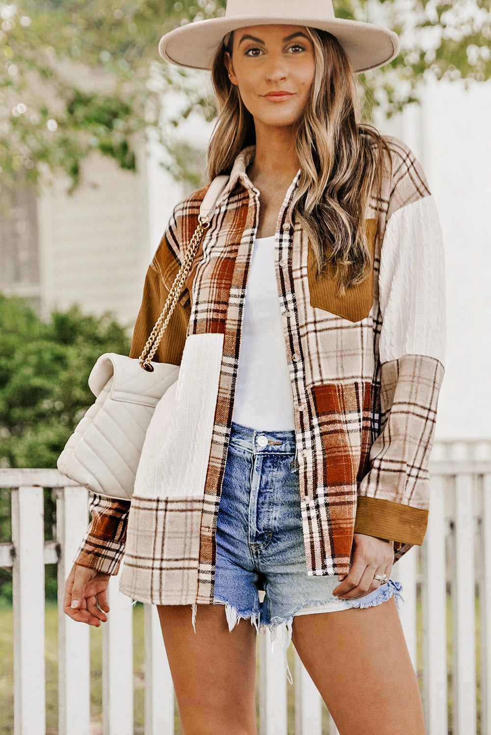 Sutton Plaid Color Block Patchwork Shirt Jacket with Pocket DAME BOHEME