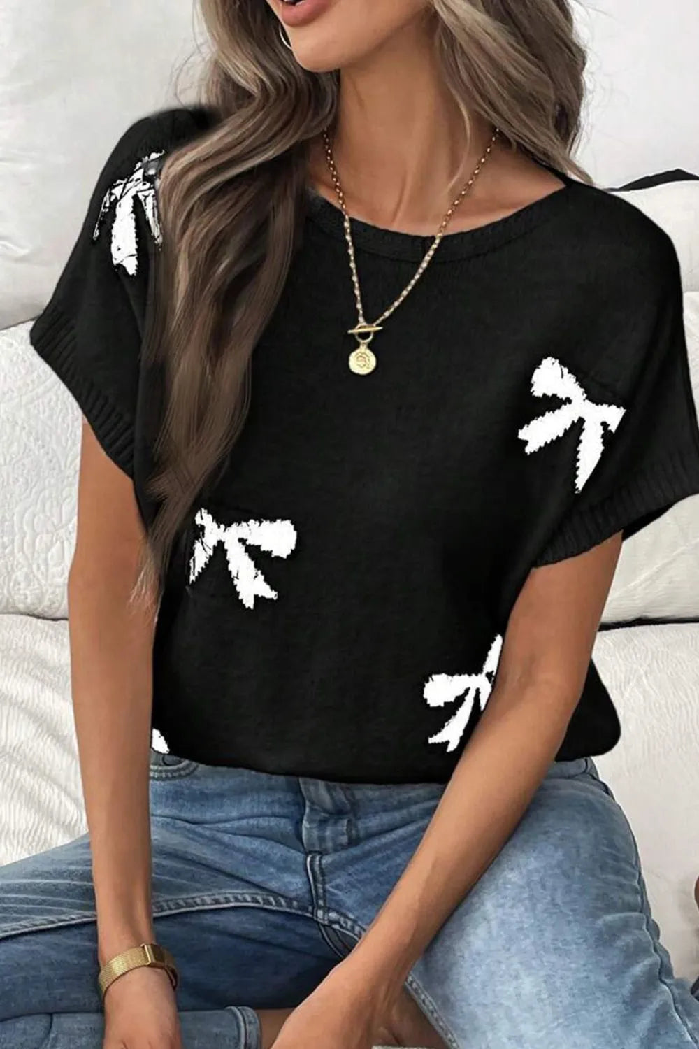 Bow Pattern Knit Short Sleeve Sweater DAME BOHEME