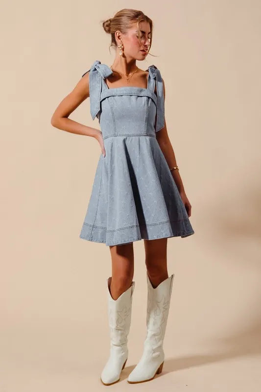 SO ME A Line Fit and Flare Diamond Bow Denim Dress Trendsi