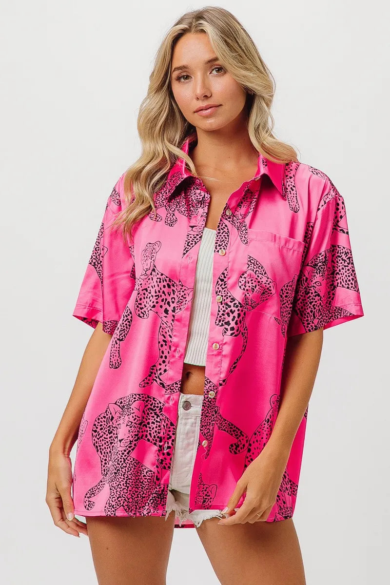BiBi Leopard Print Short Sleeve Silky Satin Shirt Trendsi