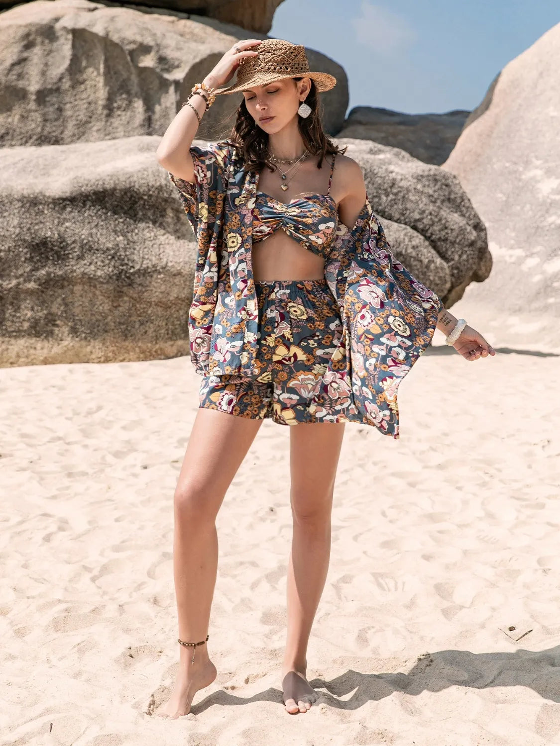 Printed Bra, Cover-Up and Shorts Set Trendsi