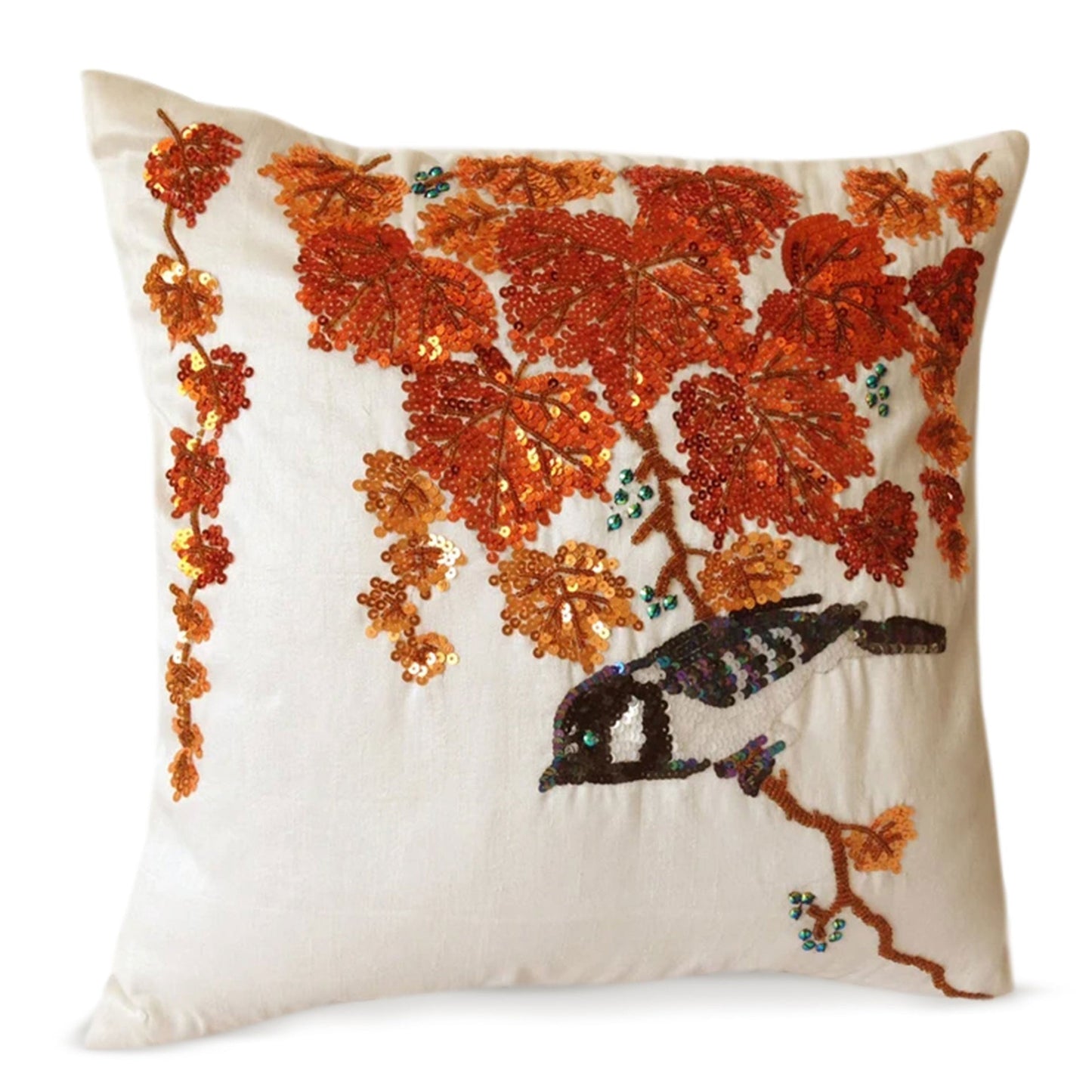Autumn Leaves and Bird Pillow Cover DAME BOHEME