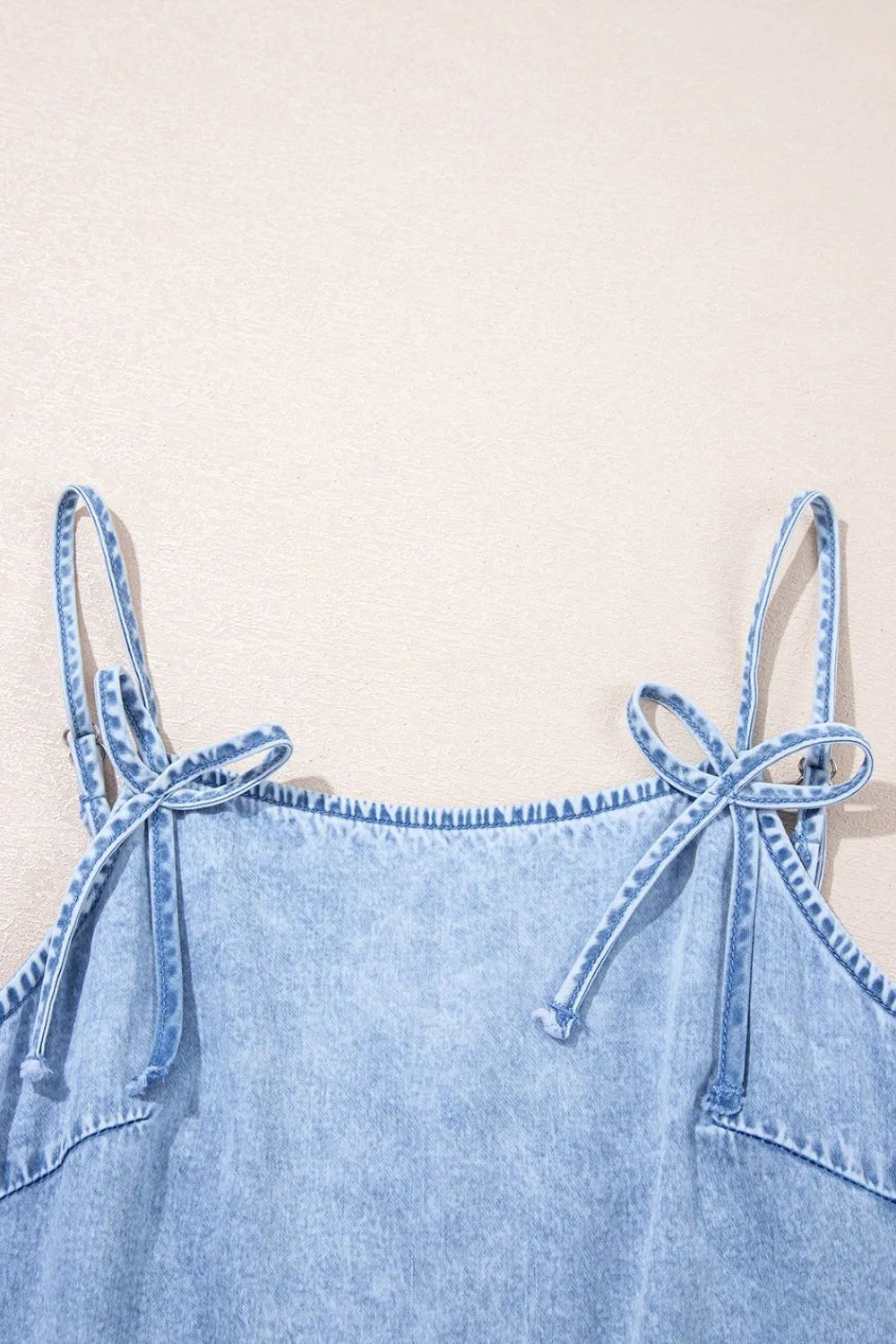 Bow Detail Spaghetti Straps Ruffle Hem Denim Dress Simply Love