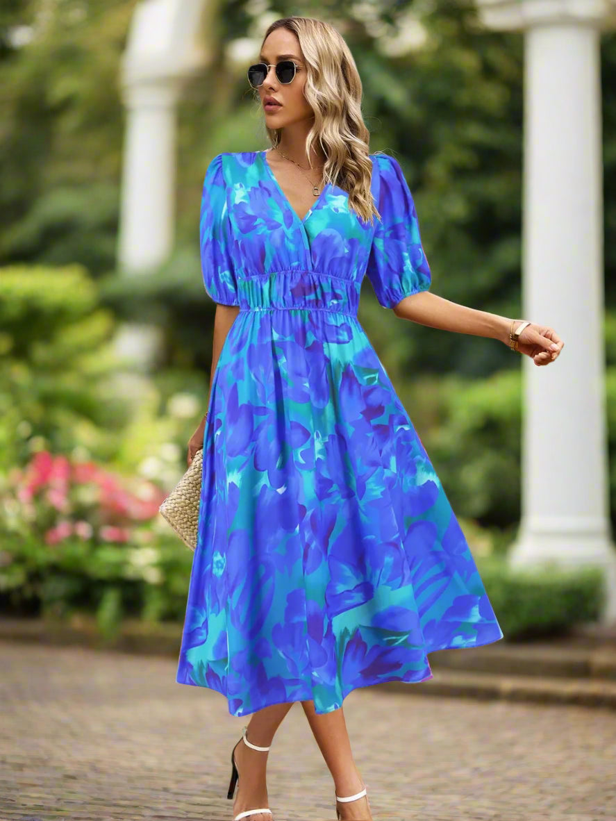 Ruched Roses Surplice Short Sleeve Dress Trendsi