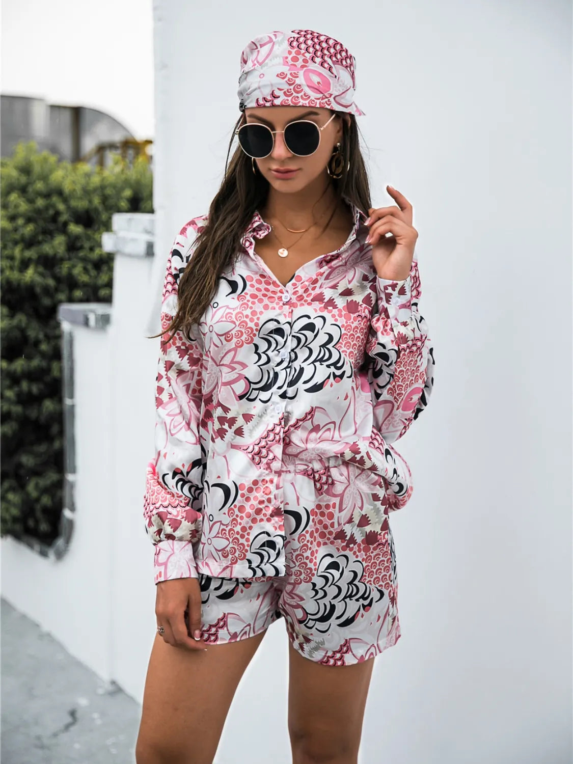 Printed Button Up Long Sleeve Shirt and Shorts 3 Pc Set Trendsi