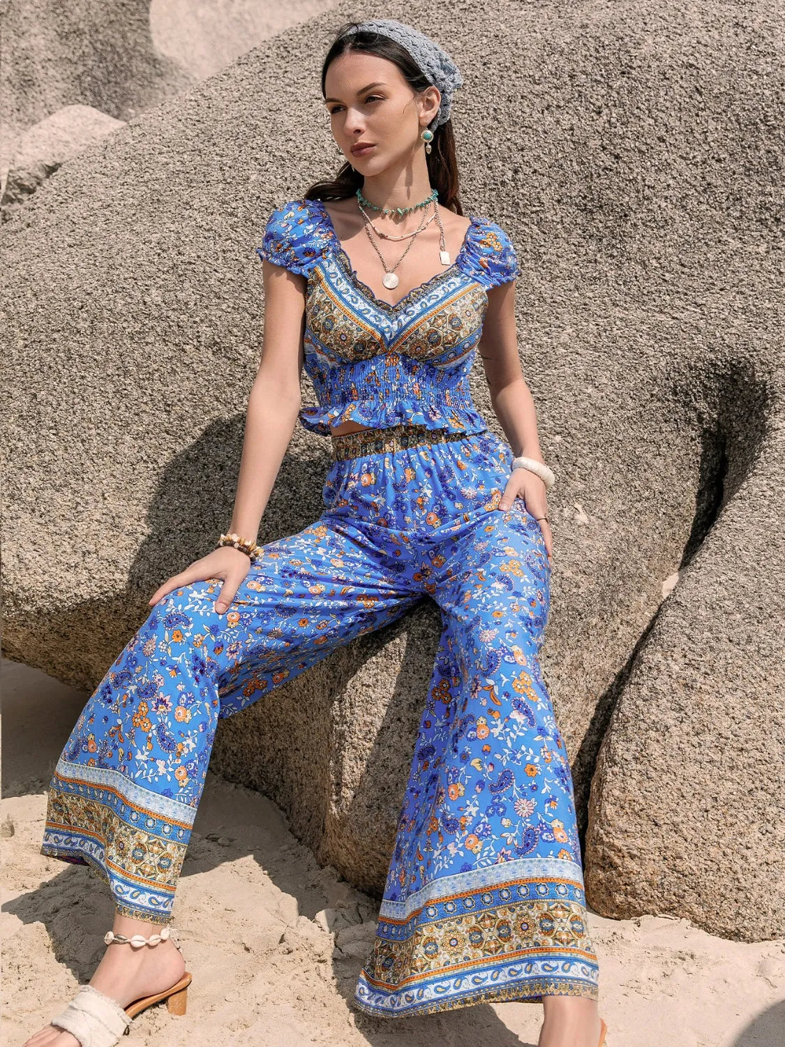 Boho Chic Printed V-Neck Top and Pants Set Trendsi
