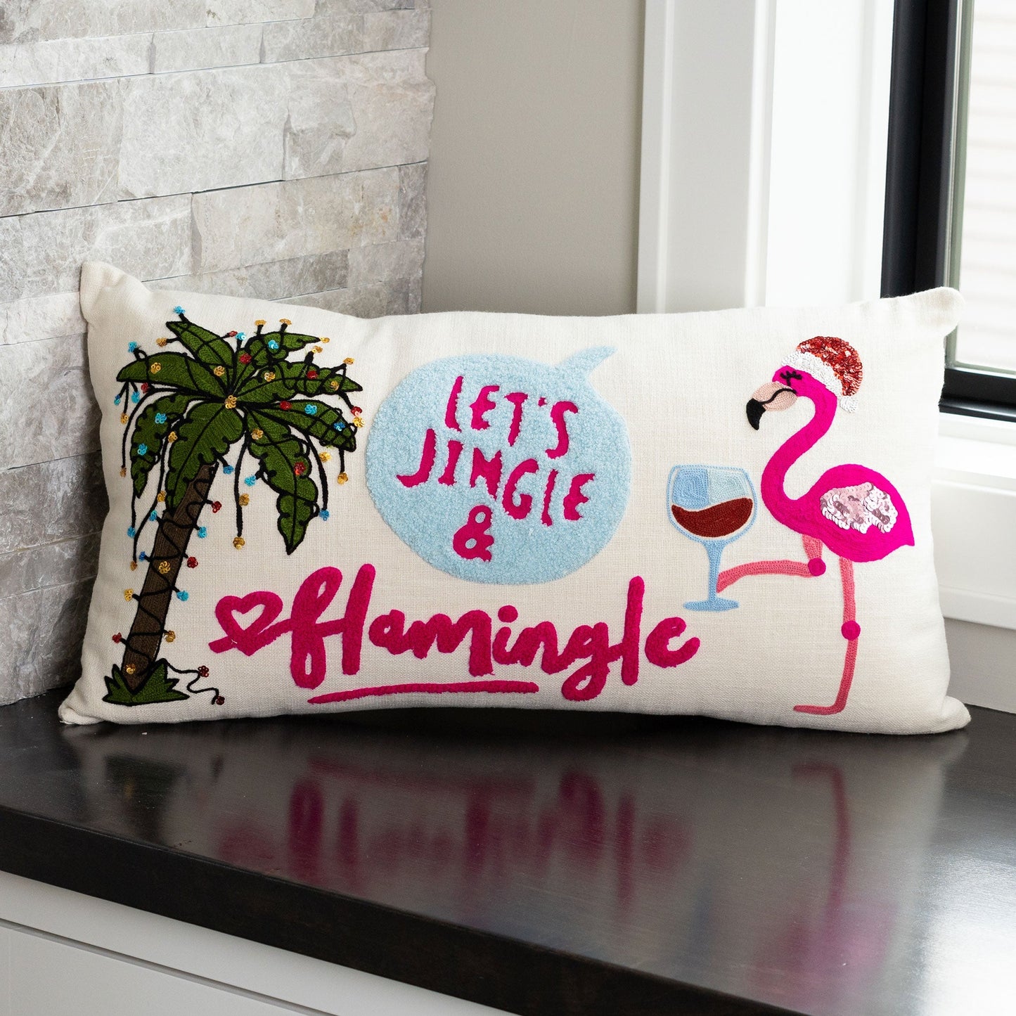 Flamingo Christmas 12x22 Embroidered Lumbar Pillow DAME BOHEME
