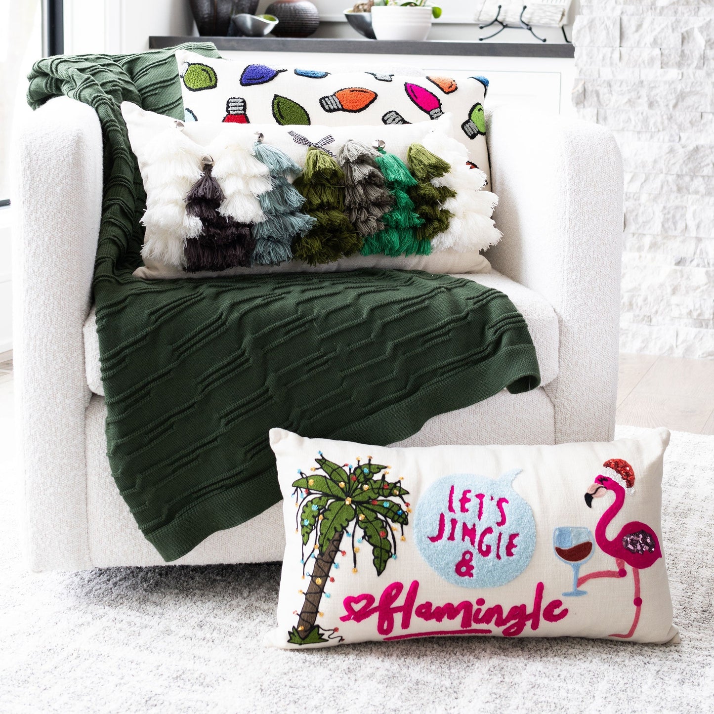 Flamingo Christmas 12x22 Embroidered Lumbar Pillow DAME BOHEME