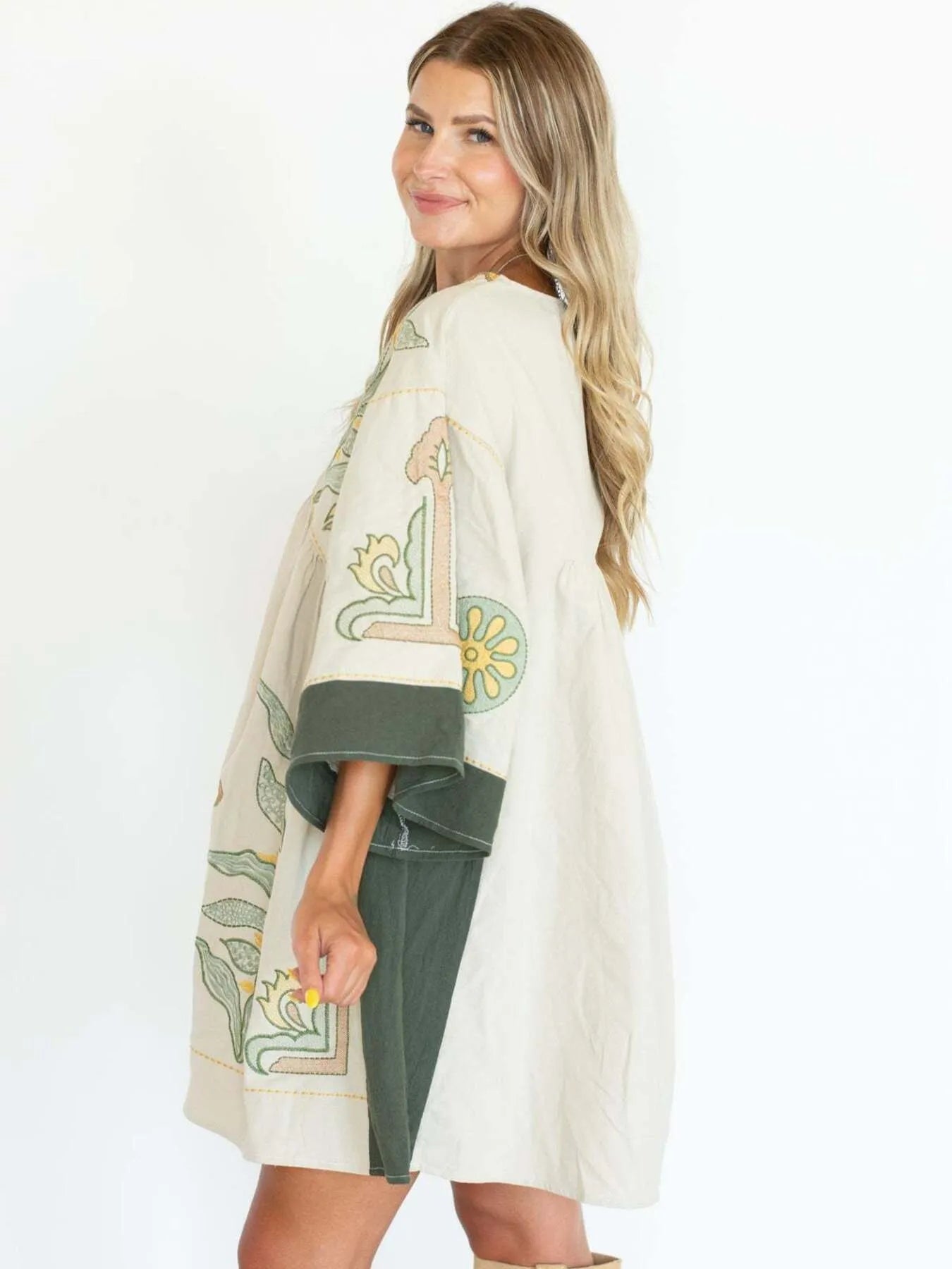 Printed V-Neck Kimono Sleeve Mini Dress Trendsi