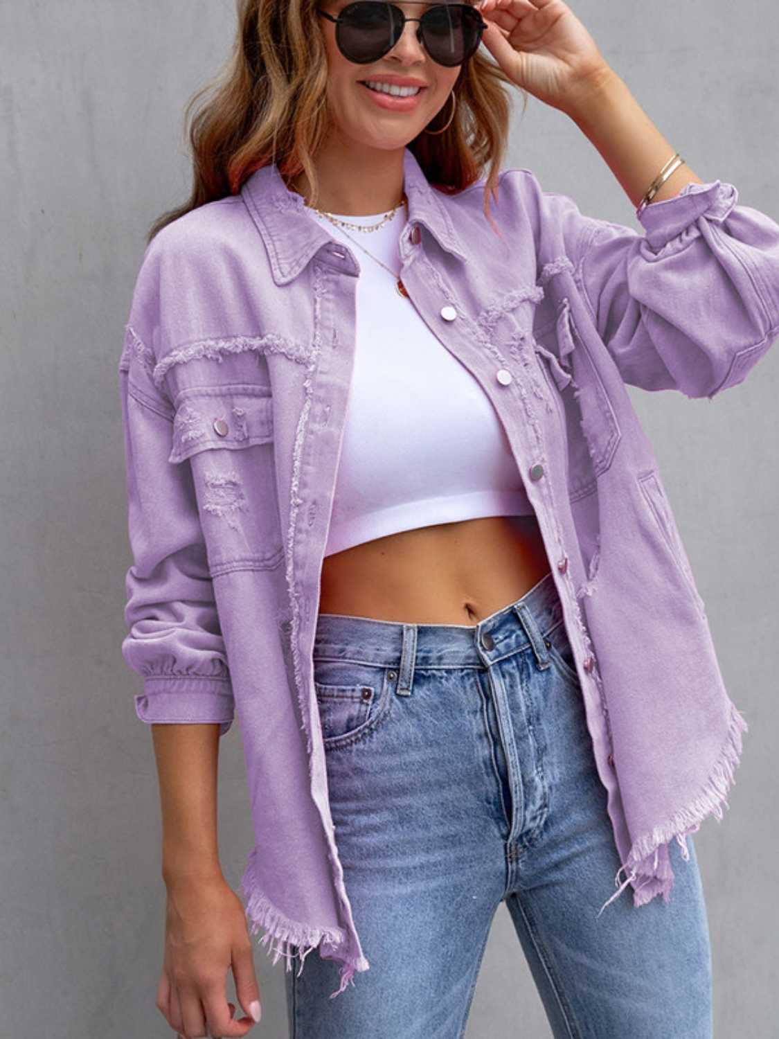 Distressed Drop Shoulder Denim Jacket Plus Size Trendsi