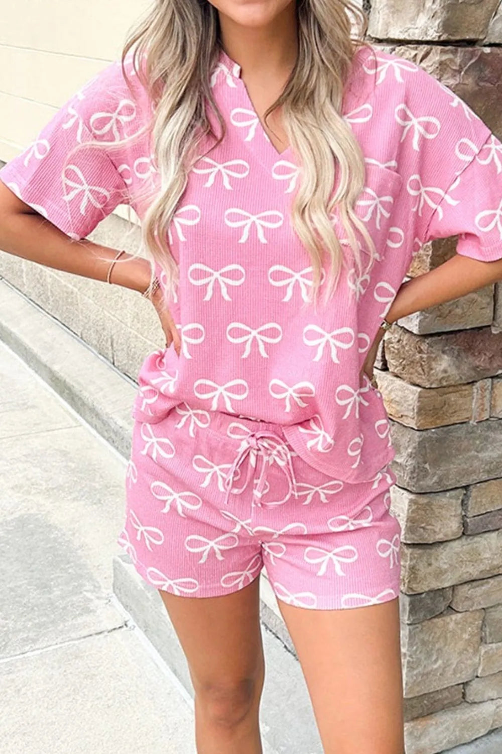 Bowknot Printed Notched T-Shirt and Shorts Set DAME BOHEME