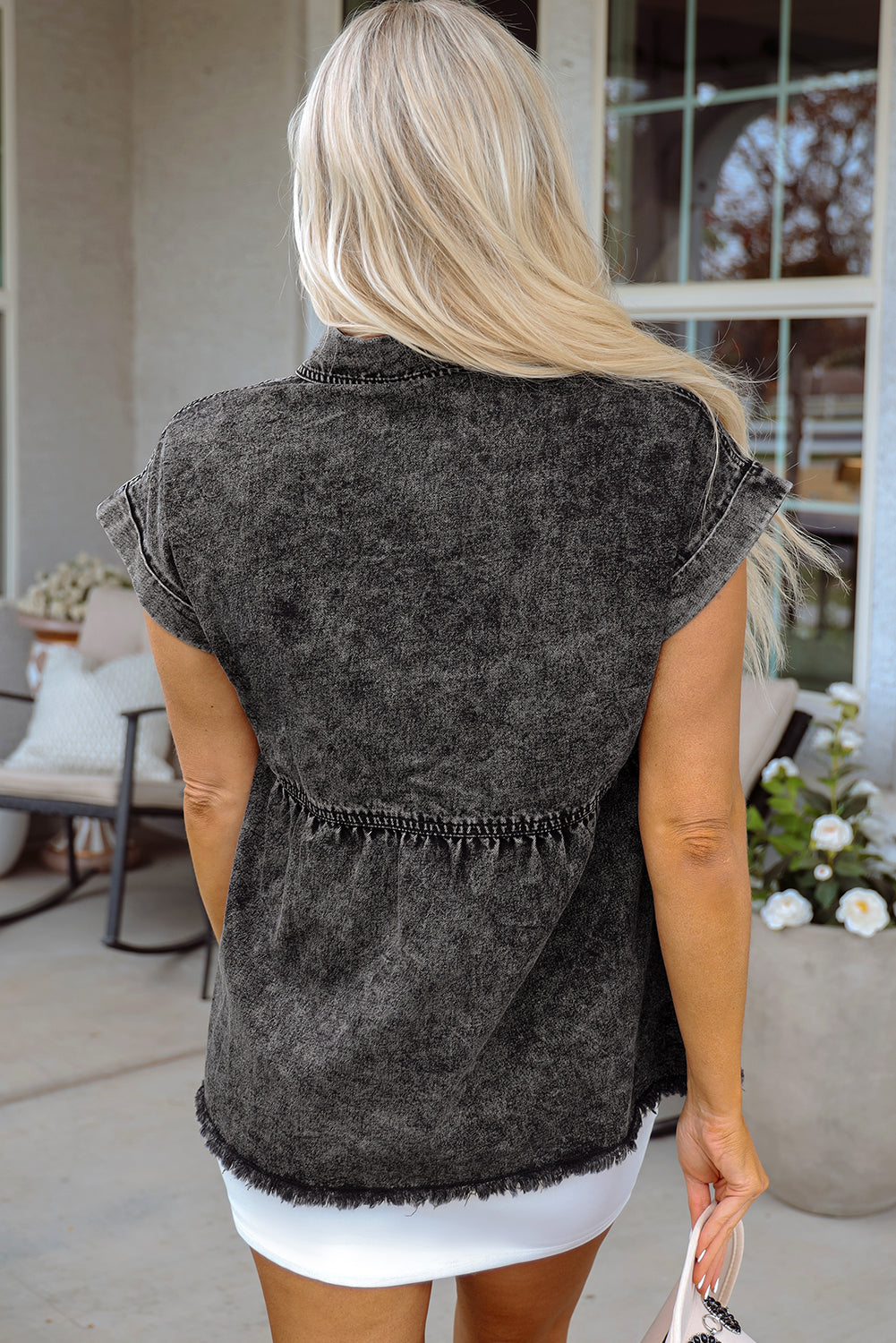 Chaya Flap Pocket Button Up Raw Hem Denim Shirt DAME BOHEME
