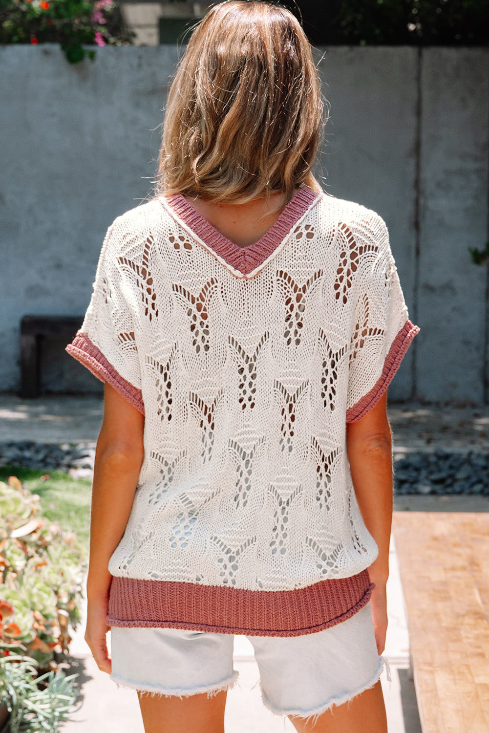 Isla Embroidered Flowers Colorblock Edge Hollowed Sweater DAME BOHEME