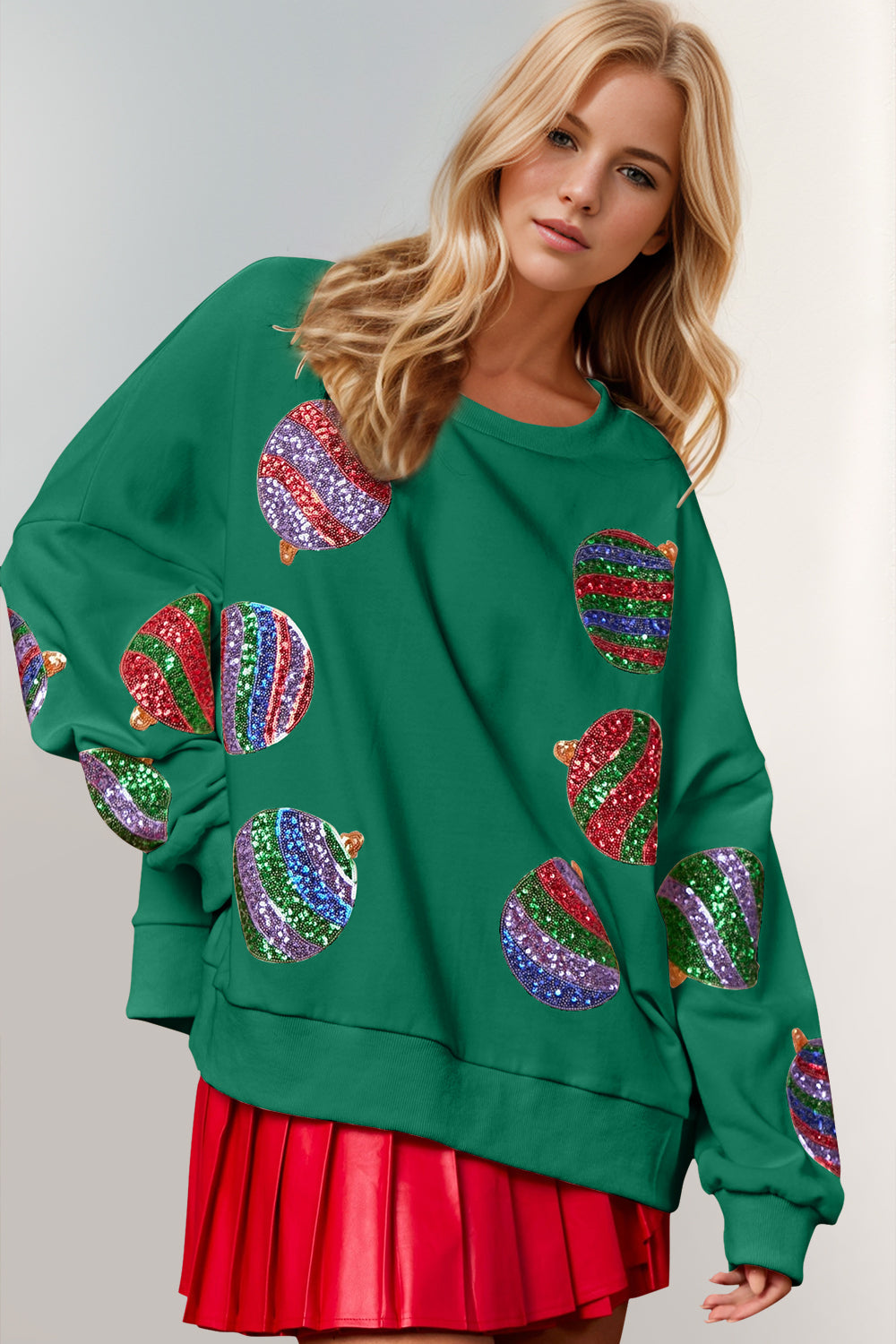 Double Take Christmas Element Sequin Round Neck Long Sleeve Sweatshirt DAME BOHEME