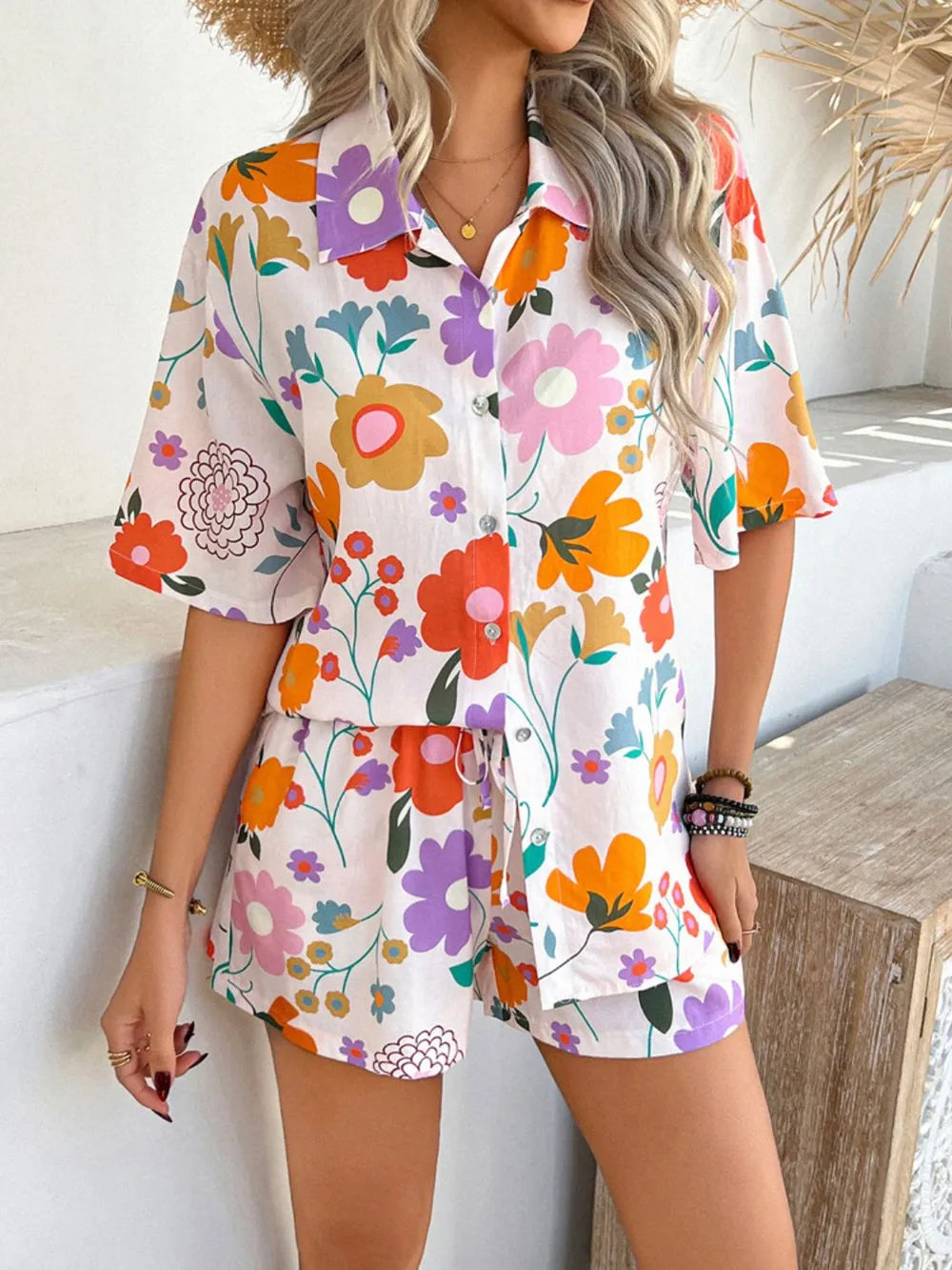 Devine Tropical Print Button-Down Shirt and Shorts Set Trendsi