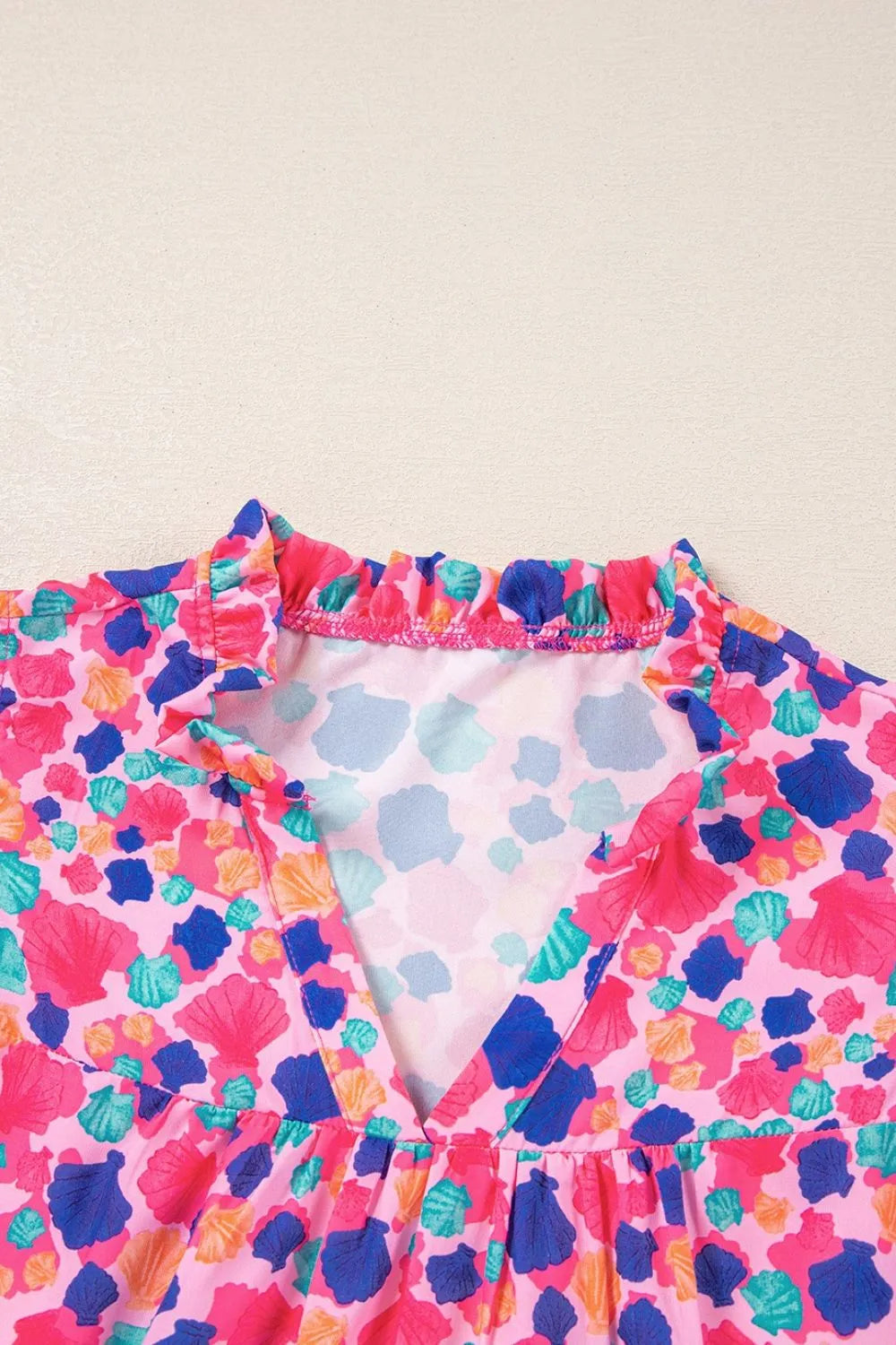 Abstract Print Ruffled Sleeve Notched Blouse Simply Love