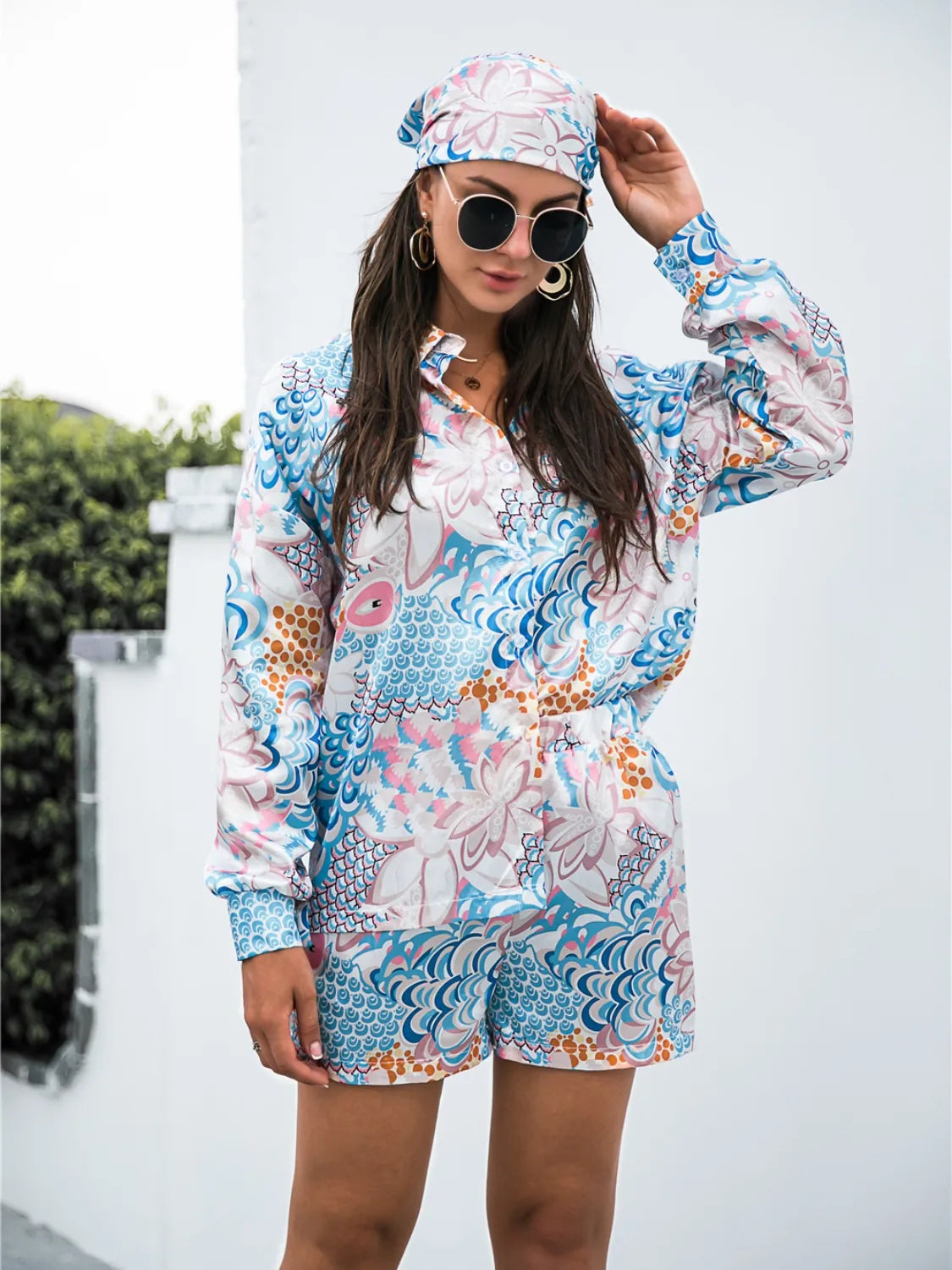 Printed Button Up Long Sleeve Shirt and Shorts 3 Pc Set Trendsi