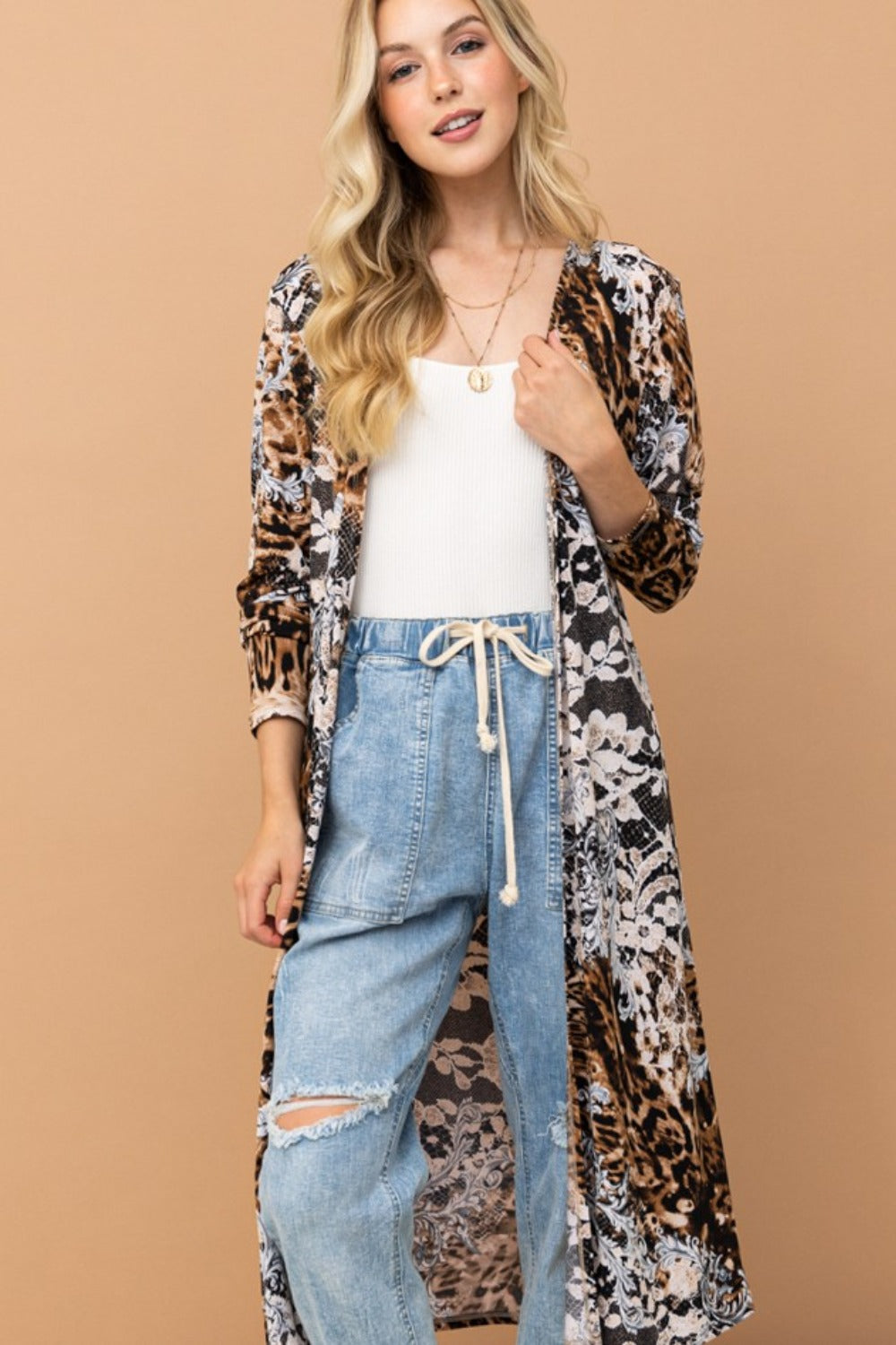 Leopard Kimono Open Front Longline Cardigan Trendsi