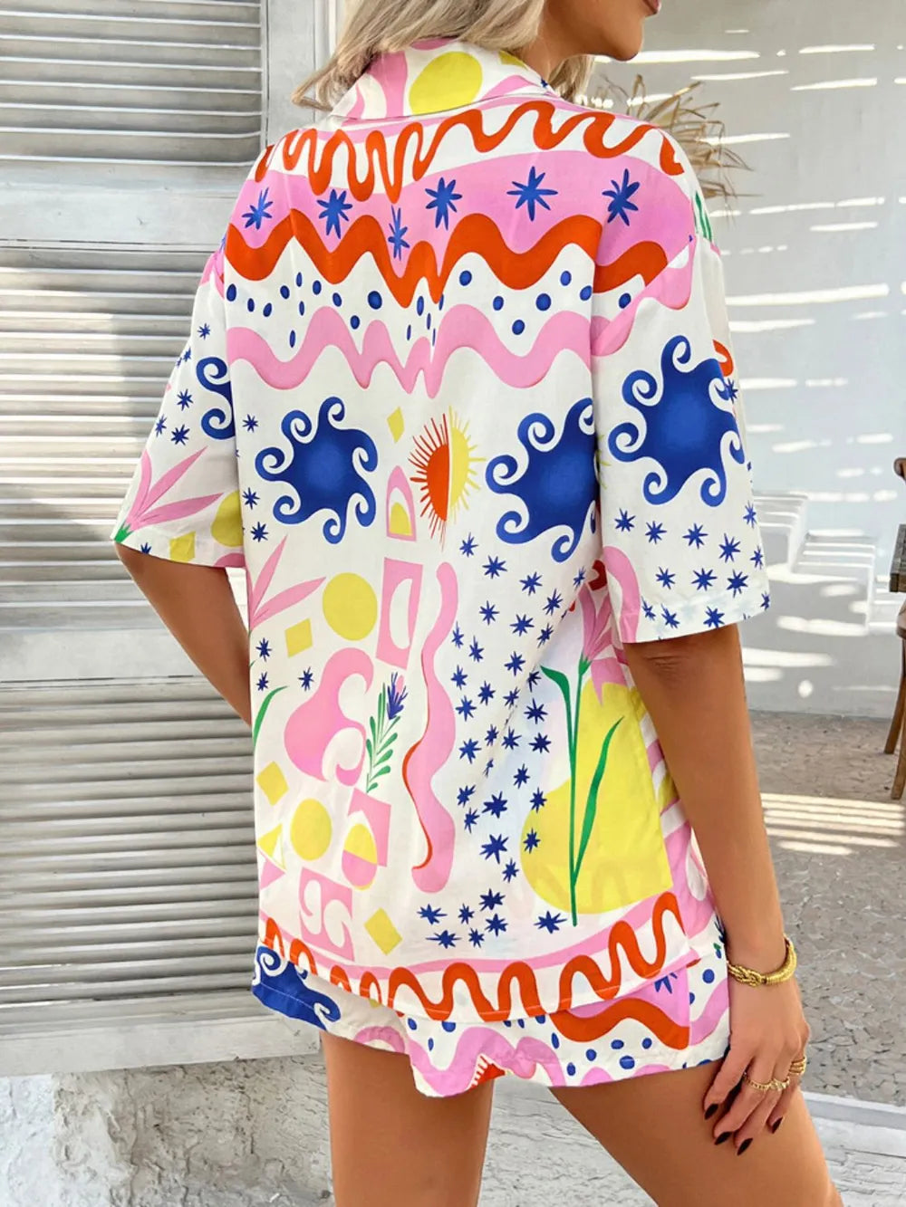 Devine Tropical Print Button-Down Shirt and Shorts Set Trendsi