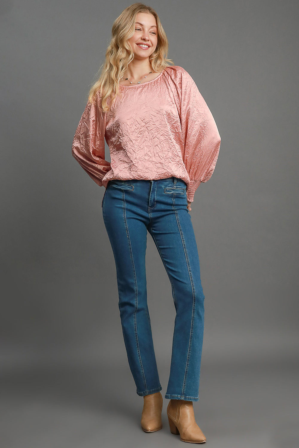 Umgee Wrinkled Round Neck Lantern Sleeve Silky Blouse Trendsi