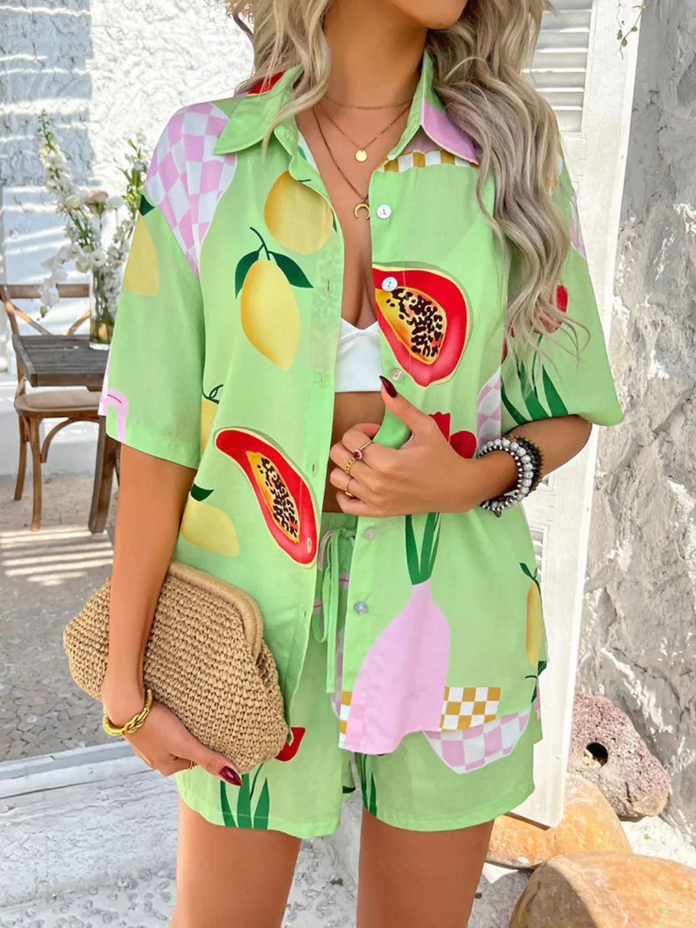 Devine Tropical Print Button-Down Shirt and Shorts Set Trendsi