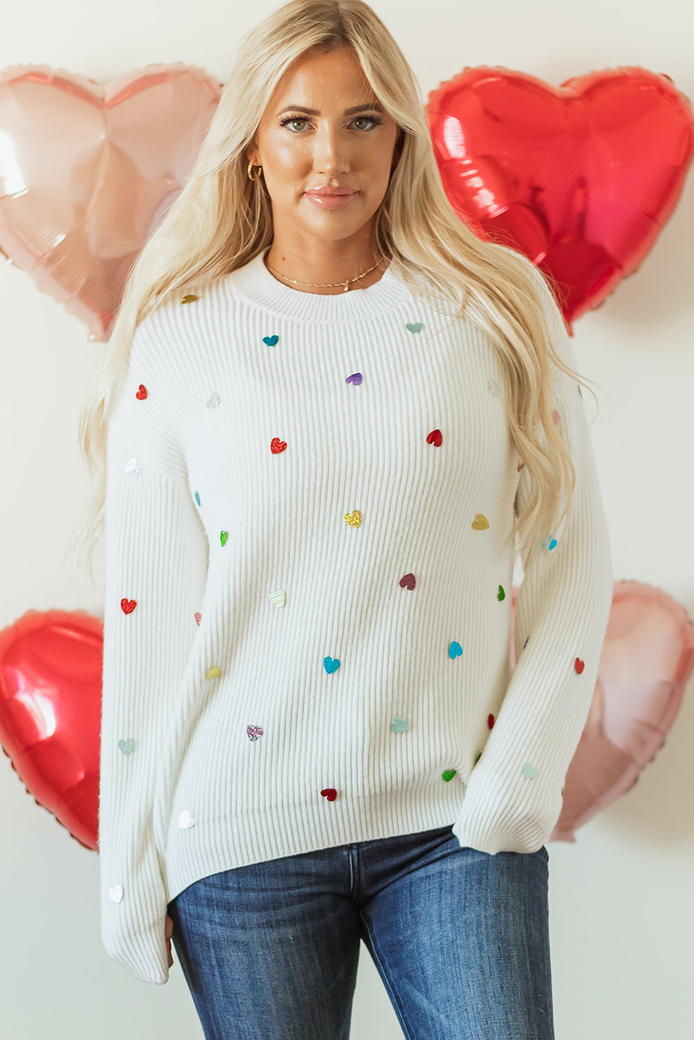 Sequin Heart Waffle Knit Sweater DAME BOHEME