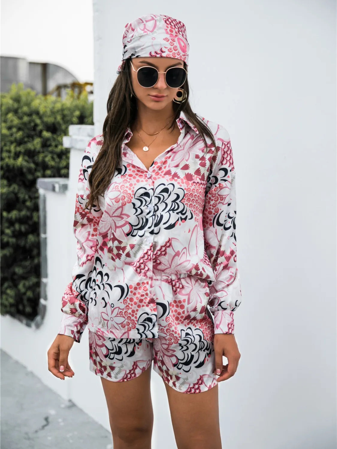 Printed Button Up Long Sleeve Shirt and Shorts 3 Pc Set Trendsi