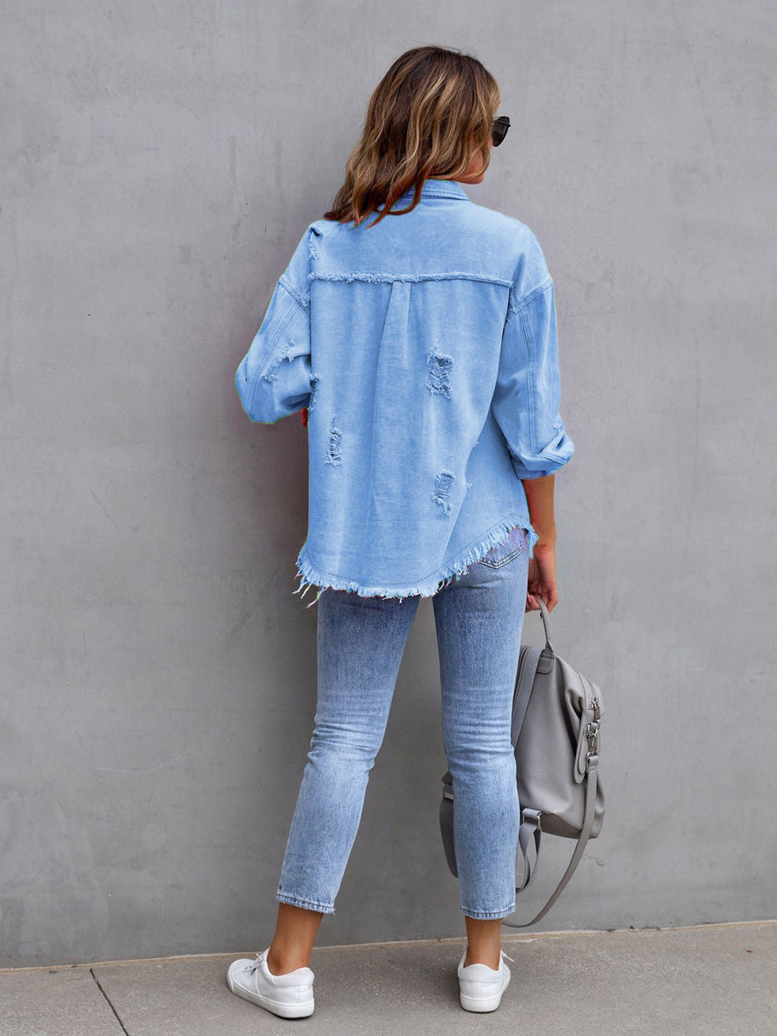 Distressed Drop Shoulder Denim Jacket Plus Size Trendsi
