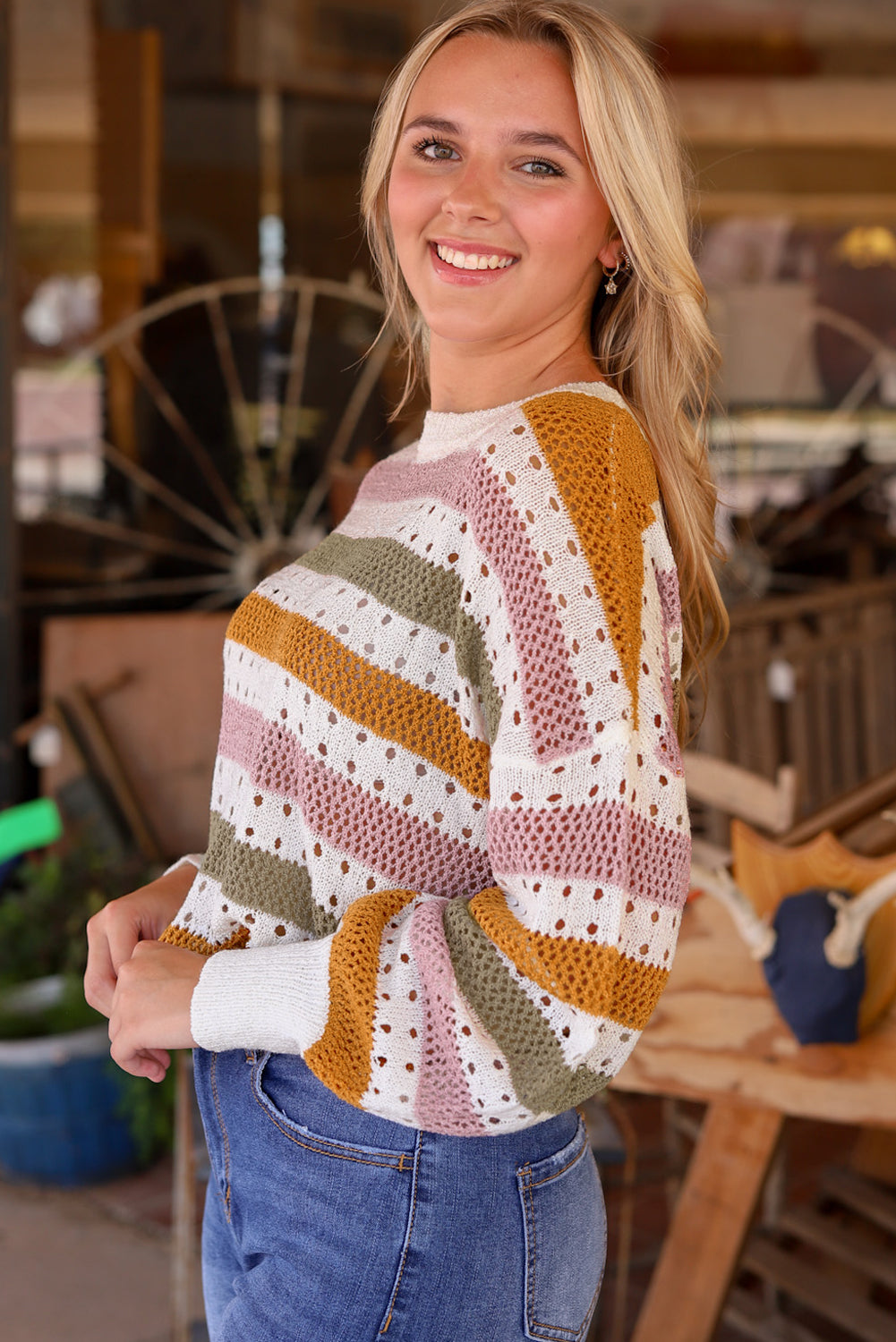 Caroline Striped Hollowed Knitted Loose Sweaterย DAME BOHEME