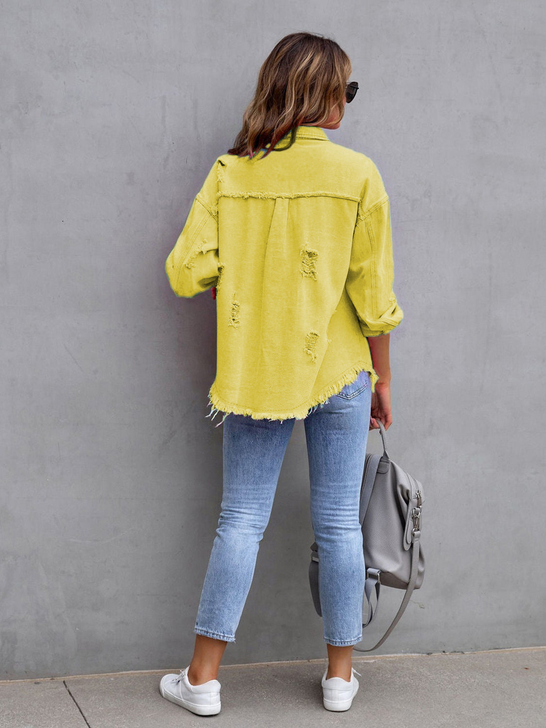 Distressed Drop Shoulder Denim Jacket Plus Size Trendsi