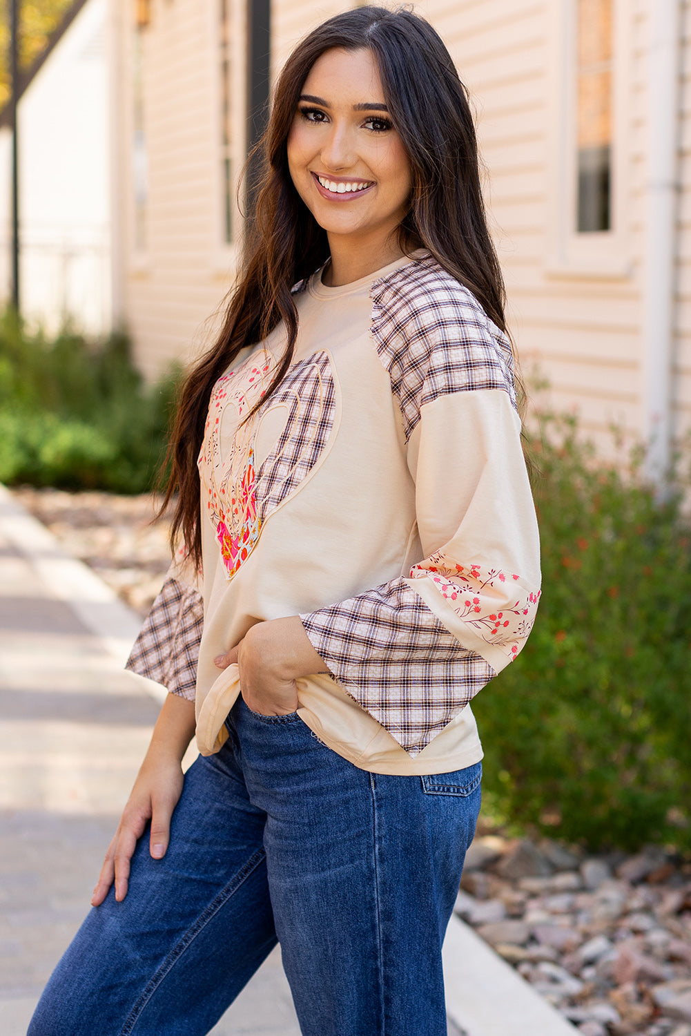 Emilia Plaid Floral Peace Heart Long Sleeve Top DAME BOHEME