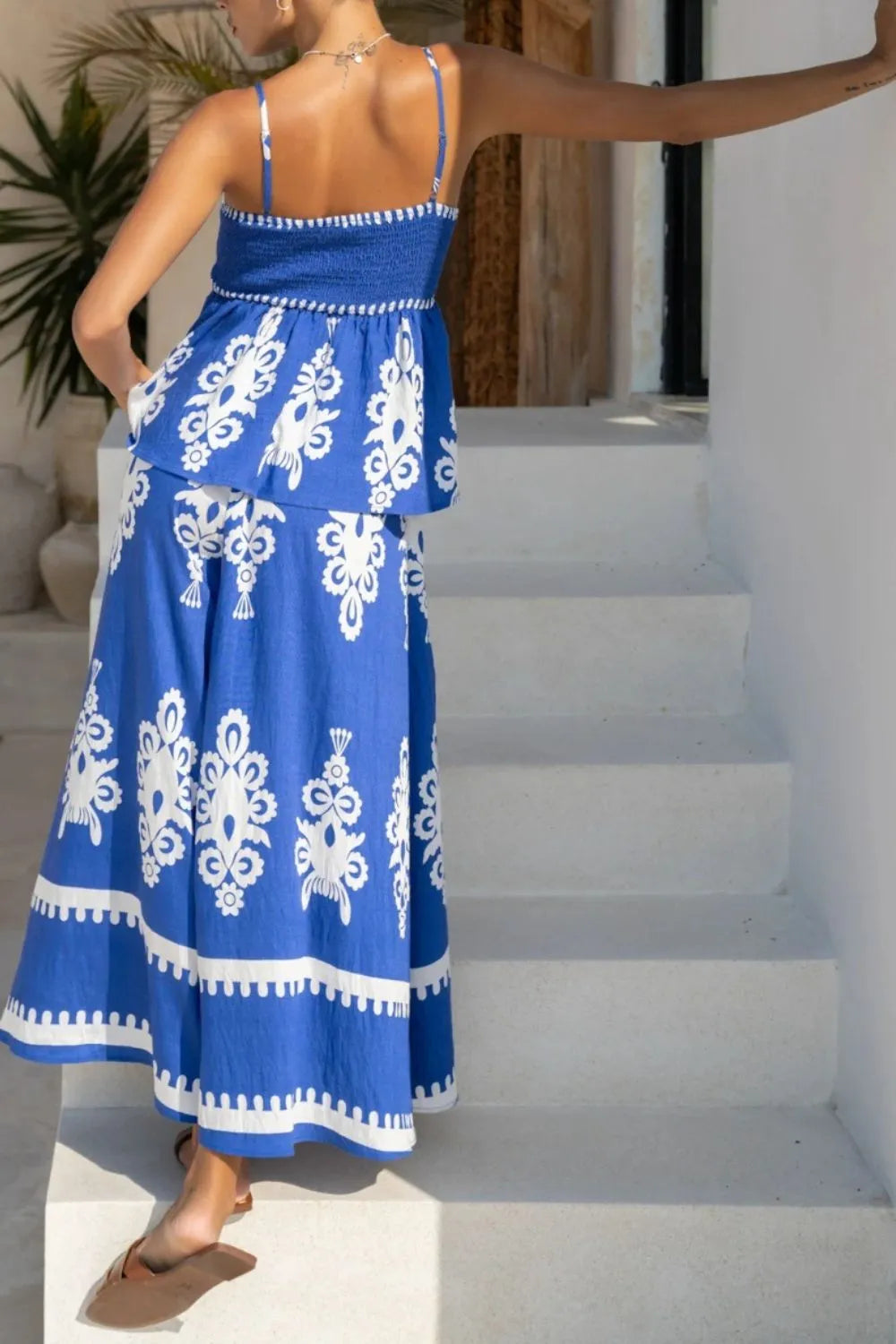 Printed Square Neck Cami and Wide Leg Pants Set Trendsi