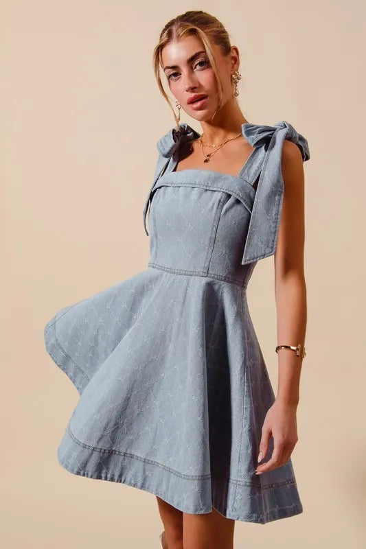 SO ME A Line Fit and Flare Diamond Bow Denim Dress Trendsi